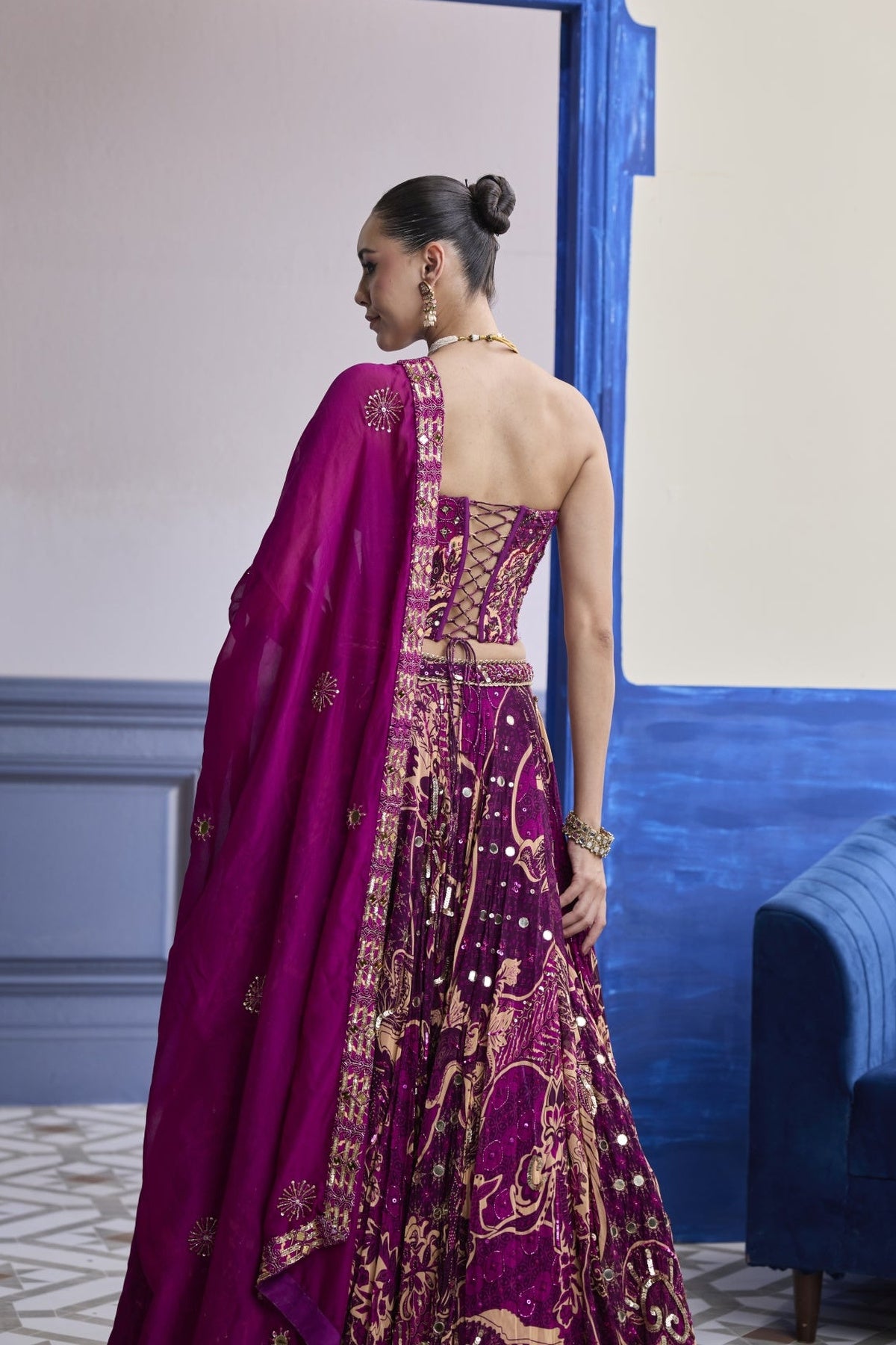 Magenta Highlighted Corset With Lehenga & Embroidered Dupatta Set