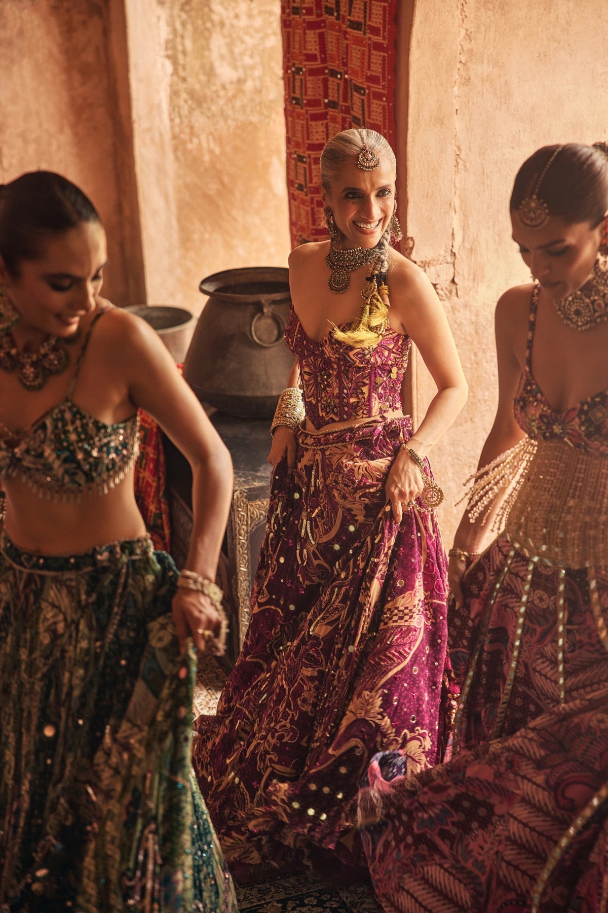 Magenta Highlighted Corset With Lehenga & Embroidered Dupatta Set