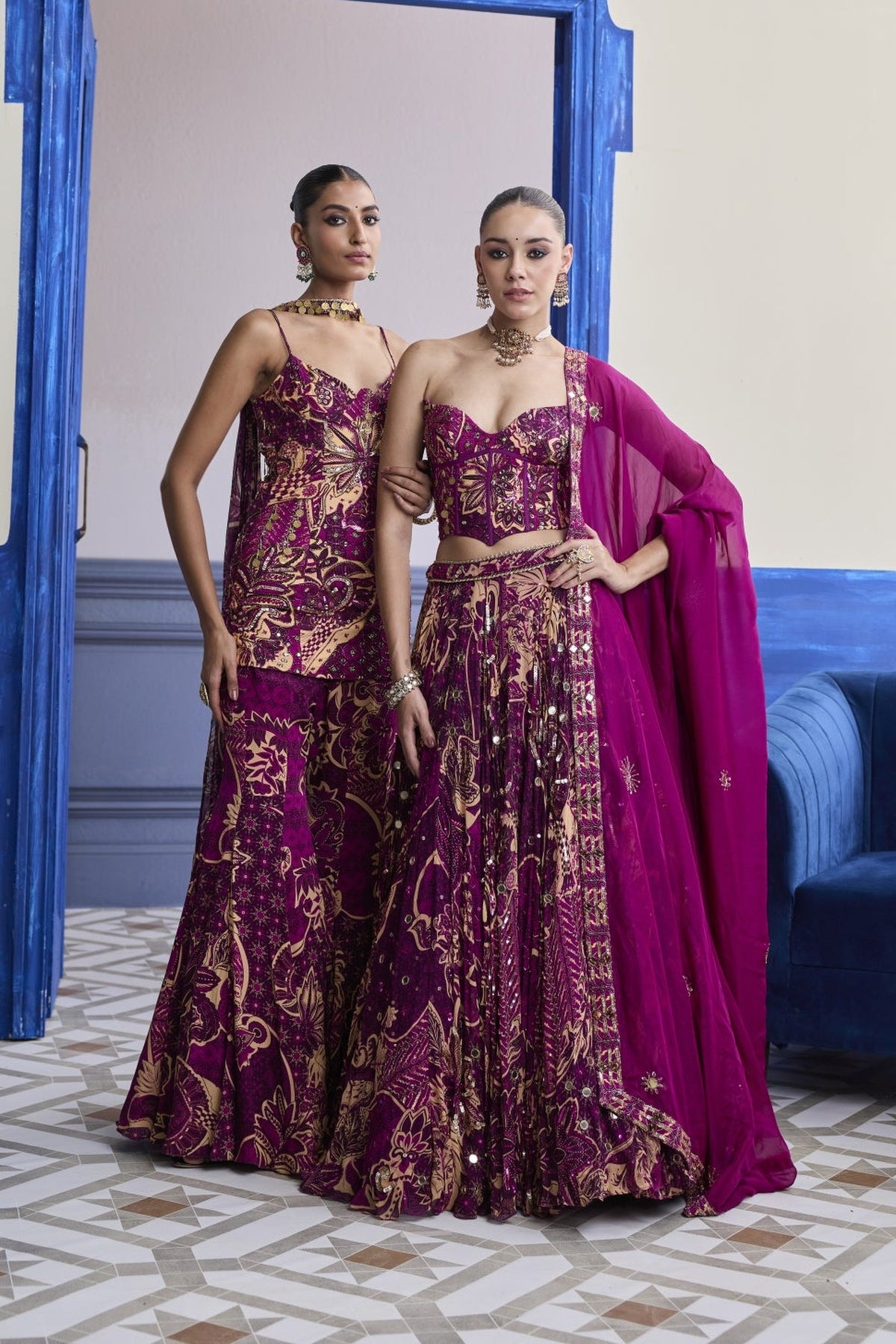 Magenta Highlighted Corset With Lehenga & Embroidered Dupatta Set