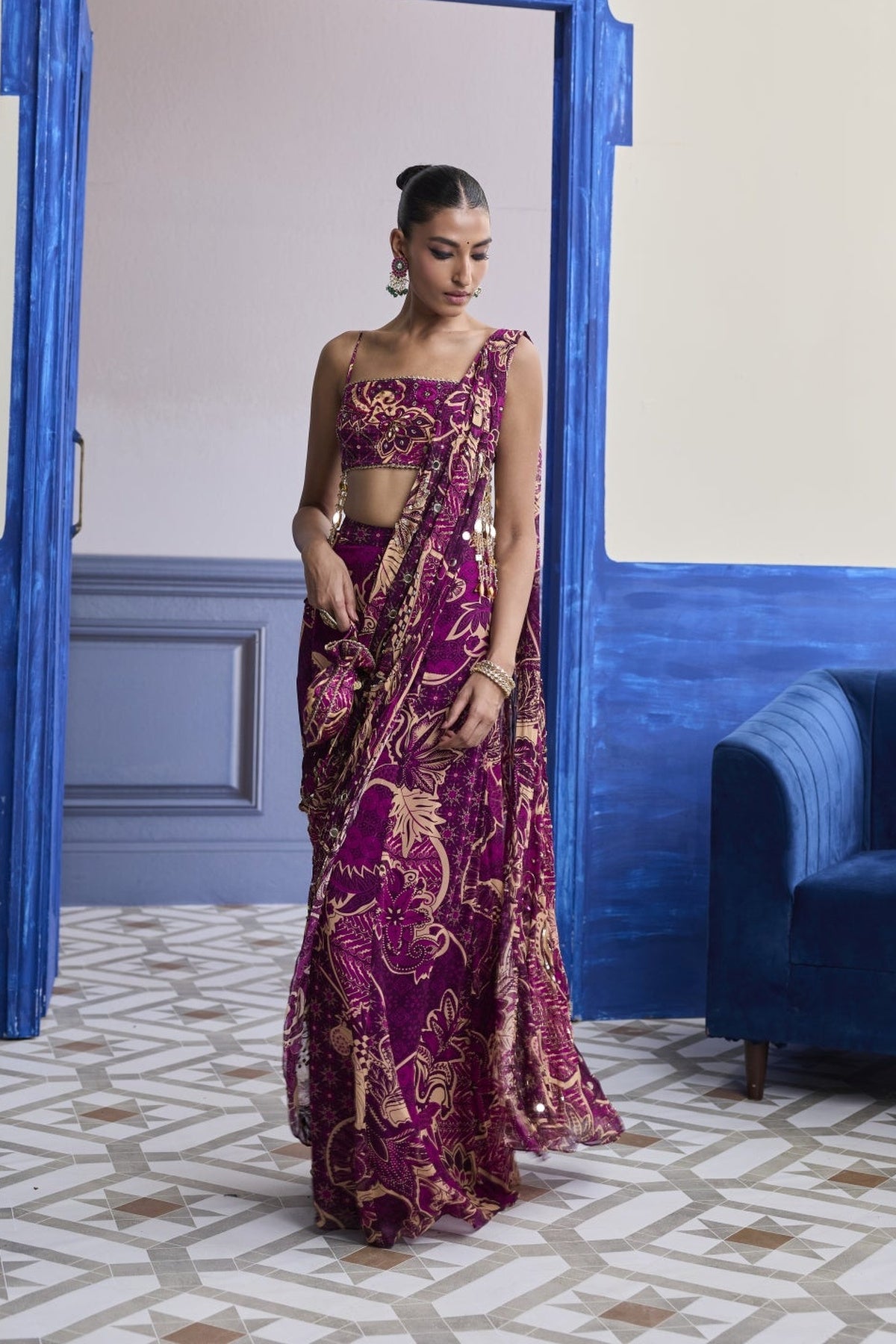 Magenta Floral Tassel Blouse With Drape Sharara Saree Set