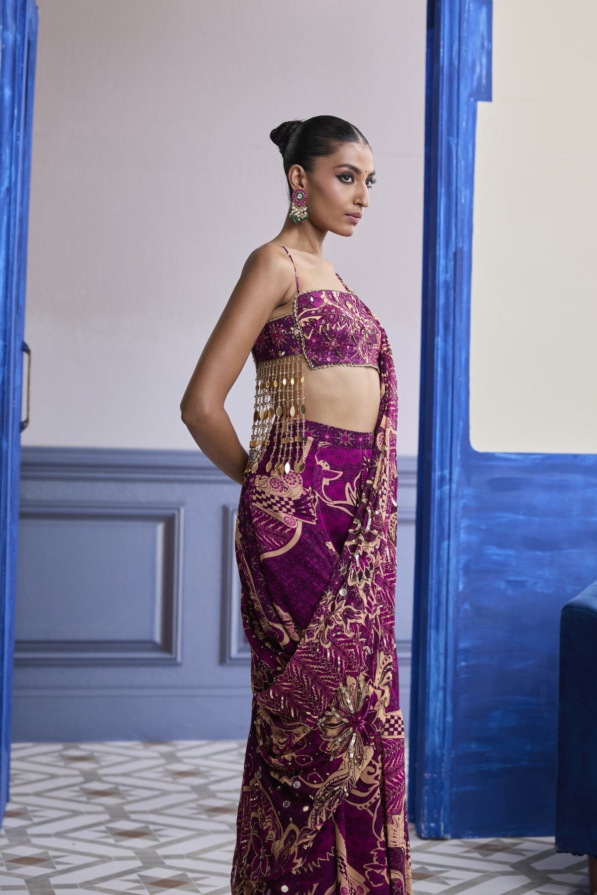 Magenta Floral Tassel Blouse With Drape Sharara Saree Set
