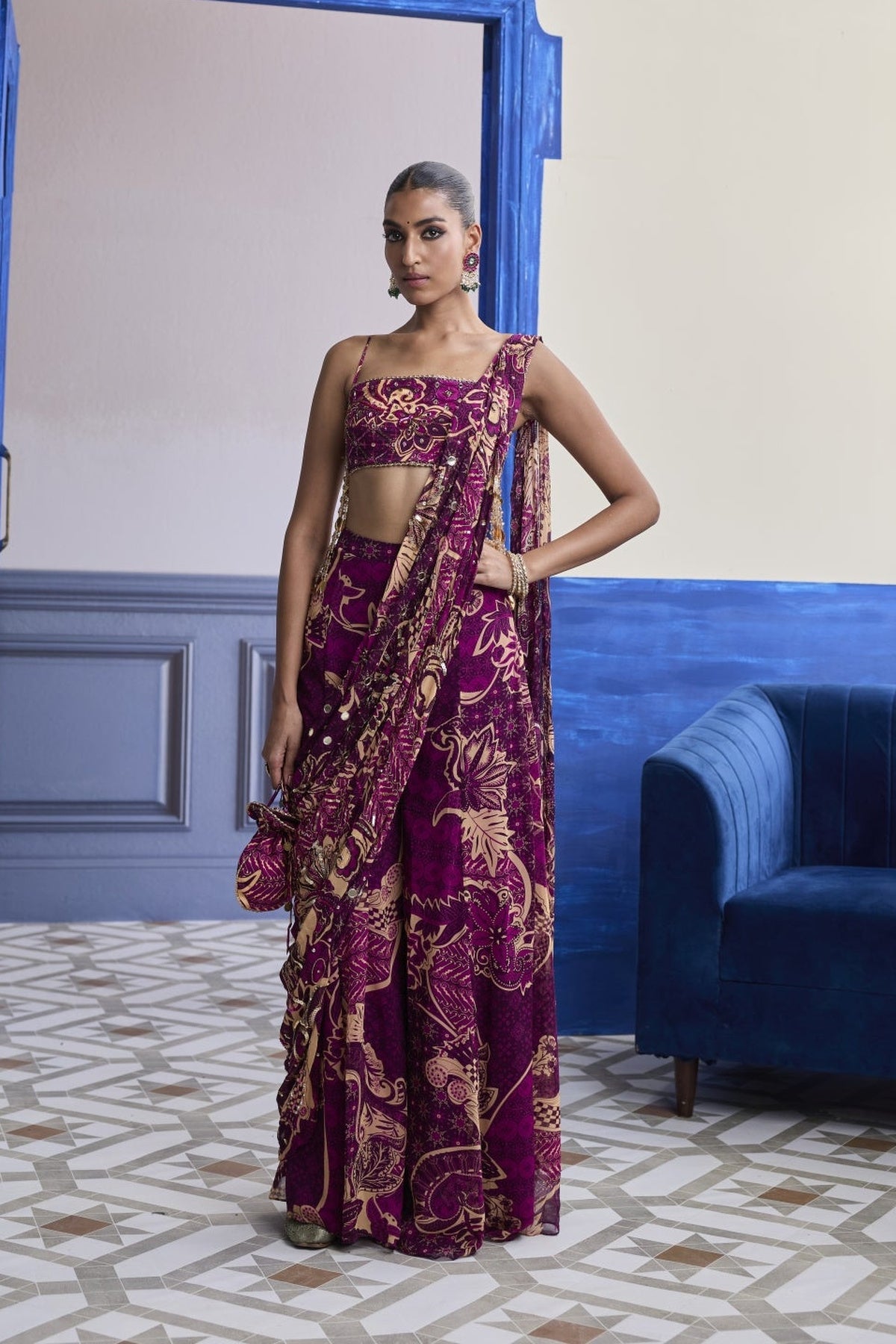 Magenta Floral Tassel Blouse With Drape Sharara Saree Set