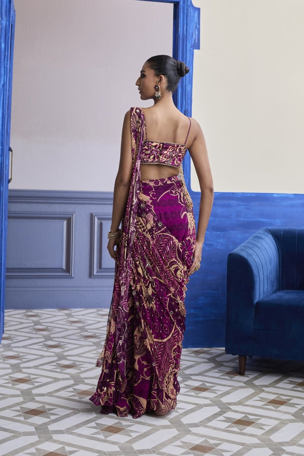 Magenta Floral Tassel Blouse With Drape Sharara Saree Set