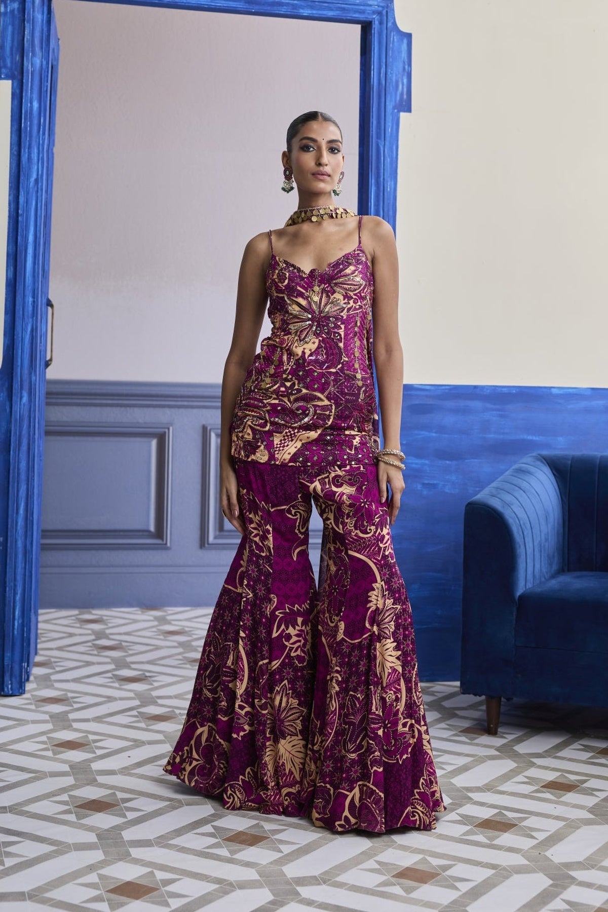 Magenta Floral Structured Kurti With Bell Bottom Pants & Choker Dupatta Set