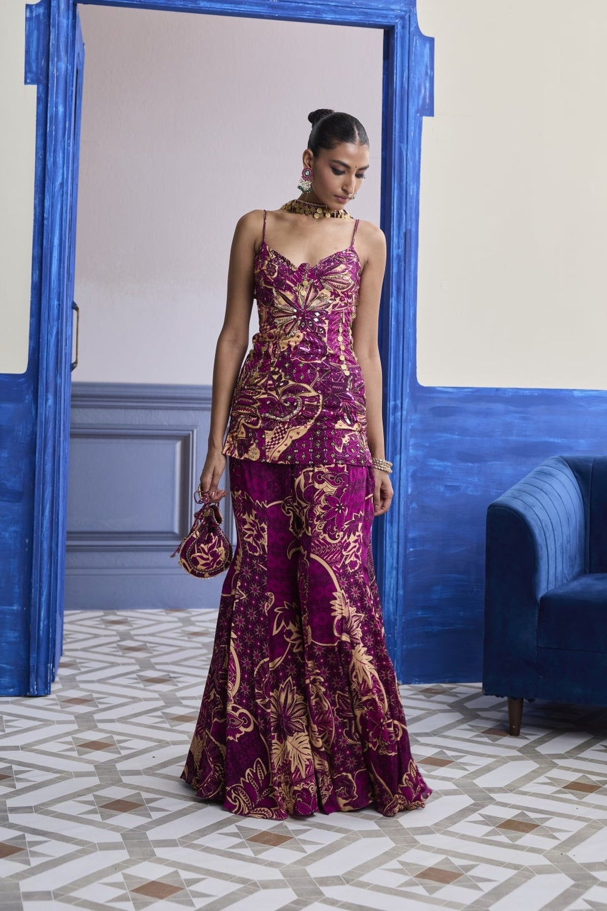 Magenta Floral Structured Kurti With Bell Bottom Pants & Choker Dupatta Set