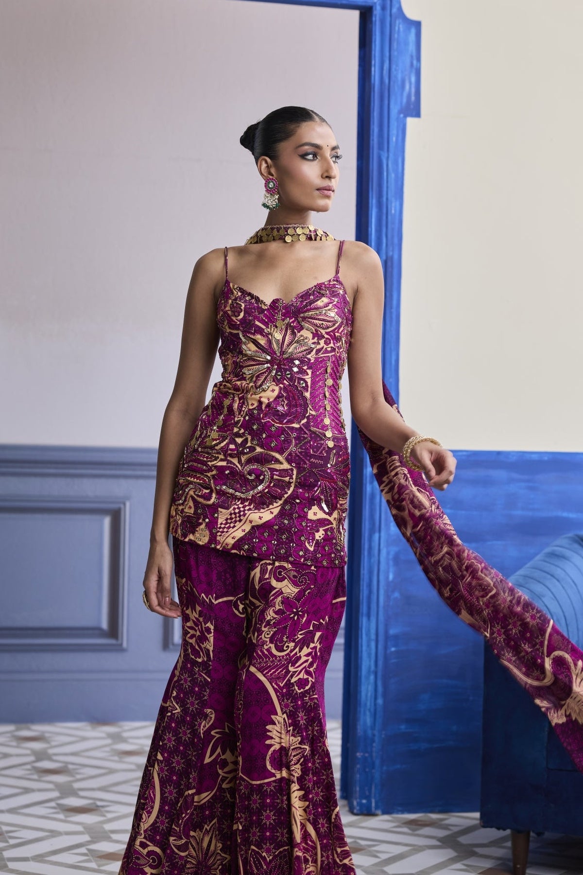 Magenta Floral Structured Kurti With Bell Bottom Pants & Choker Dupatta Set