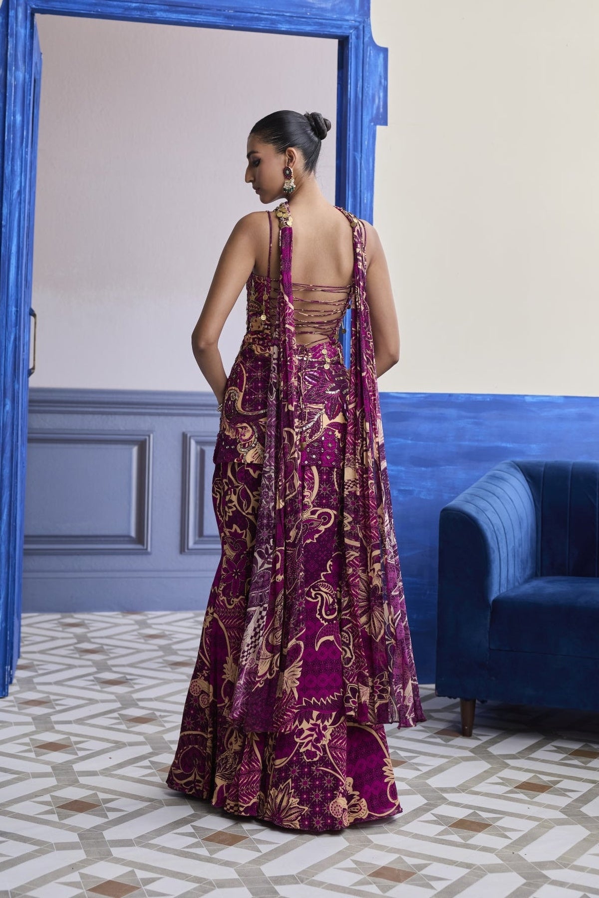 Magenta Floral Structured Kurti With Bell Bottom Pants & Choker Dupatta Set