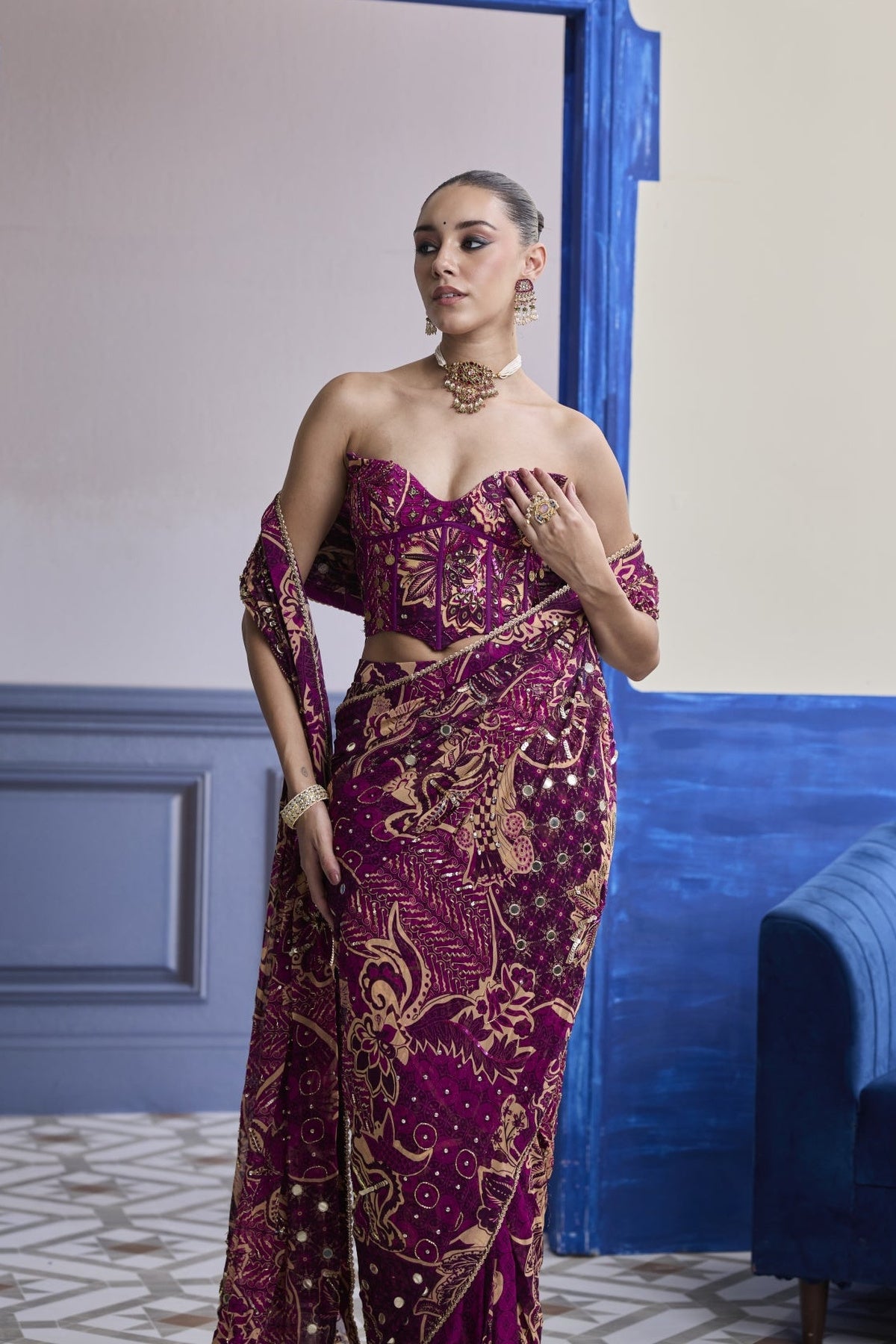Magenta Floral Corset With Drape Classic Skirt Saree Set