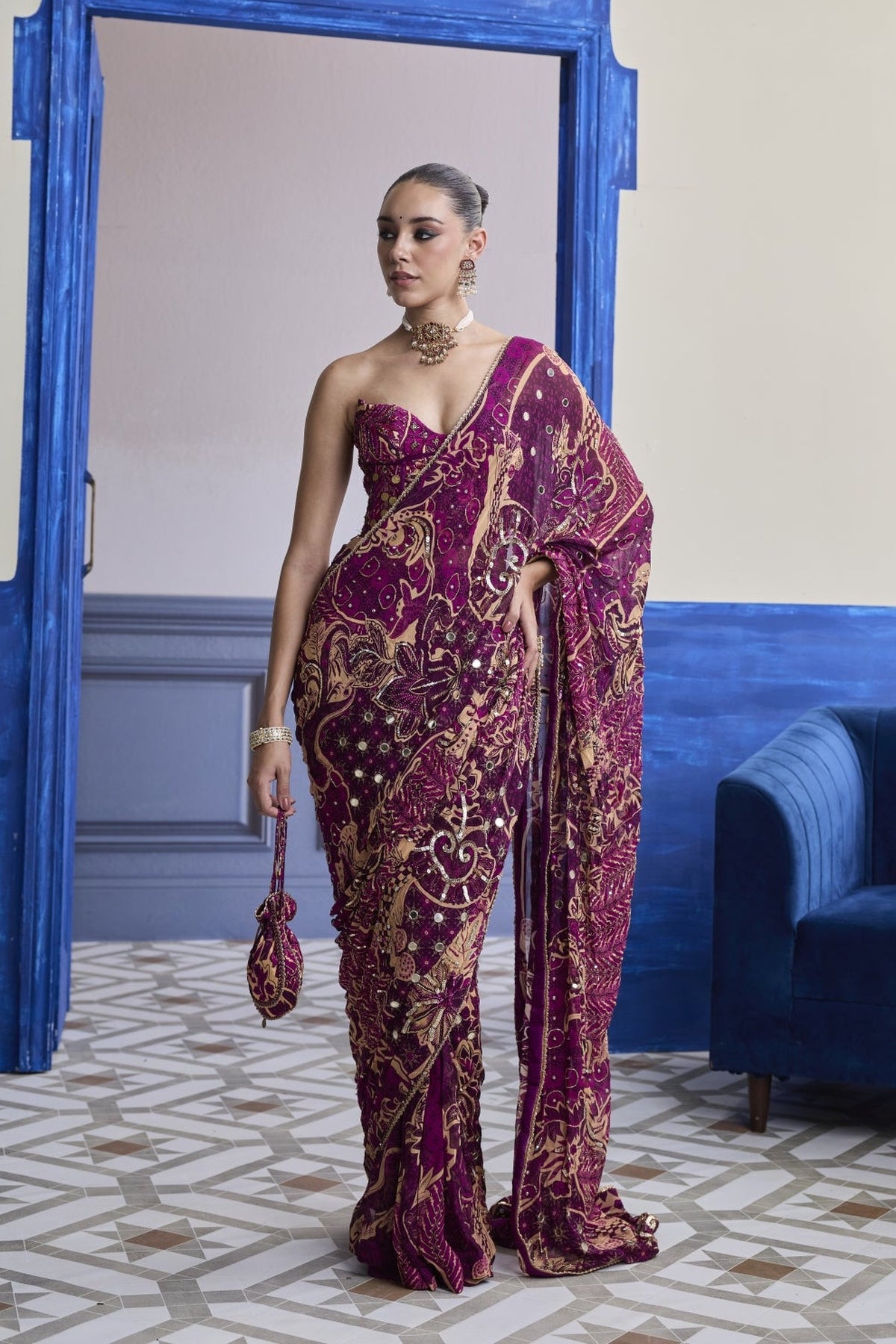 Magenta Floral Corset With Drape Classic Skirt Saree Set