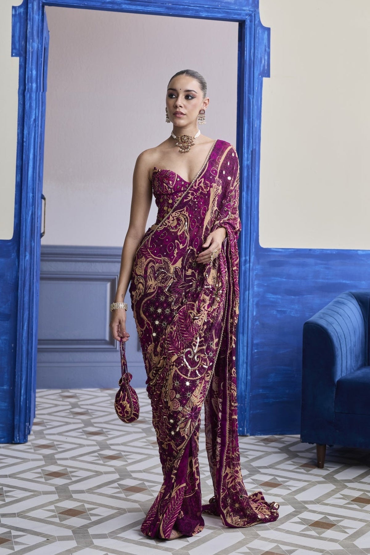 Magenta Floral Corset With Drape Classic Skirt Saree Set