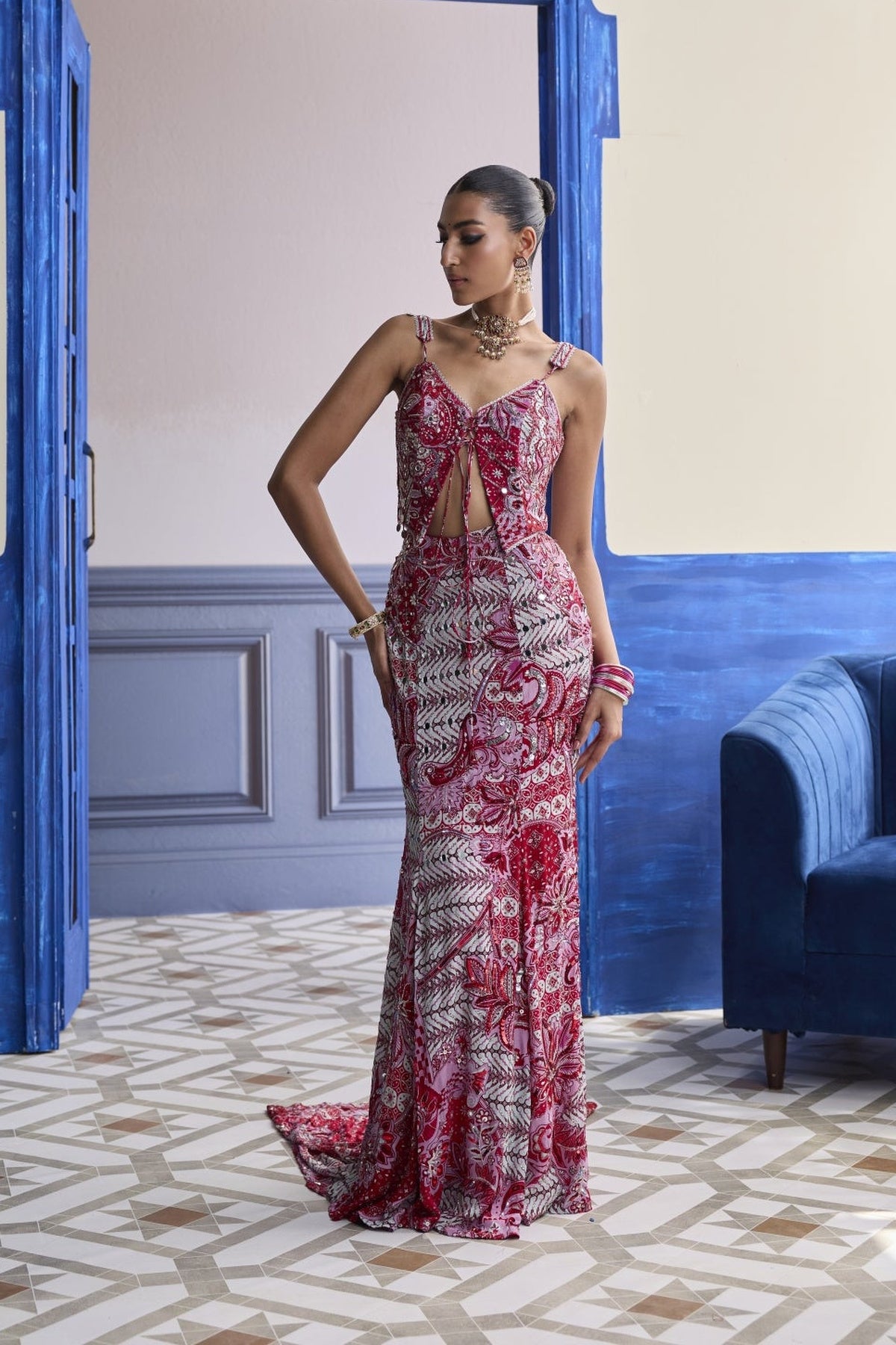 Red Floral Corset With Highlighted Mermaid Skirt Set