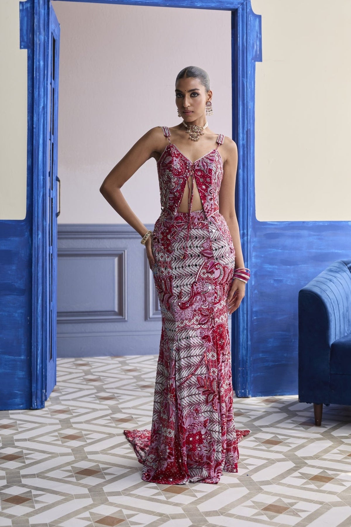Red Floral Corset With Highlighted Mermaid Skirt Set