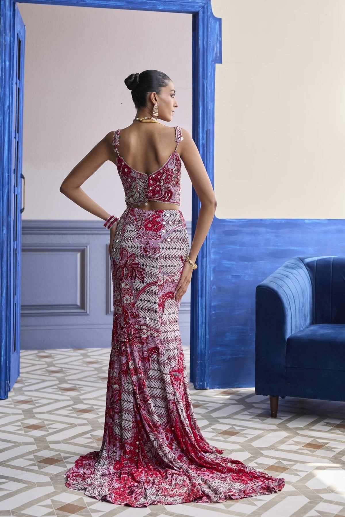 Red Floral Corset With Highlighted Mermaid Skirt Set