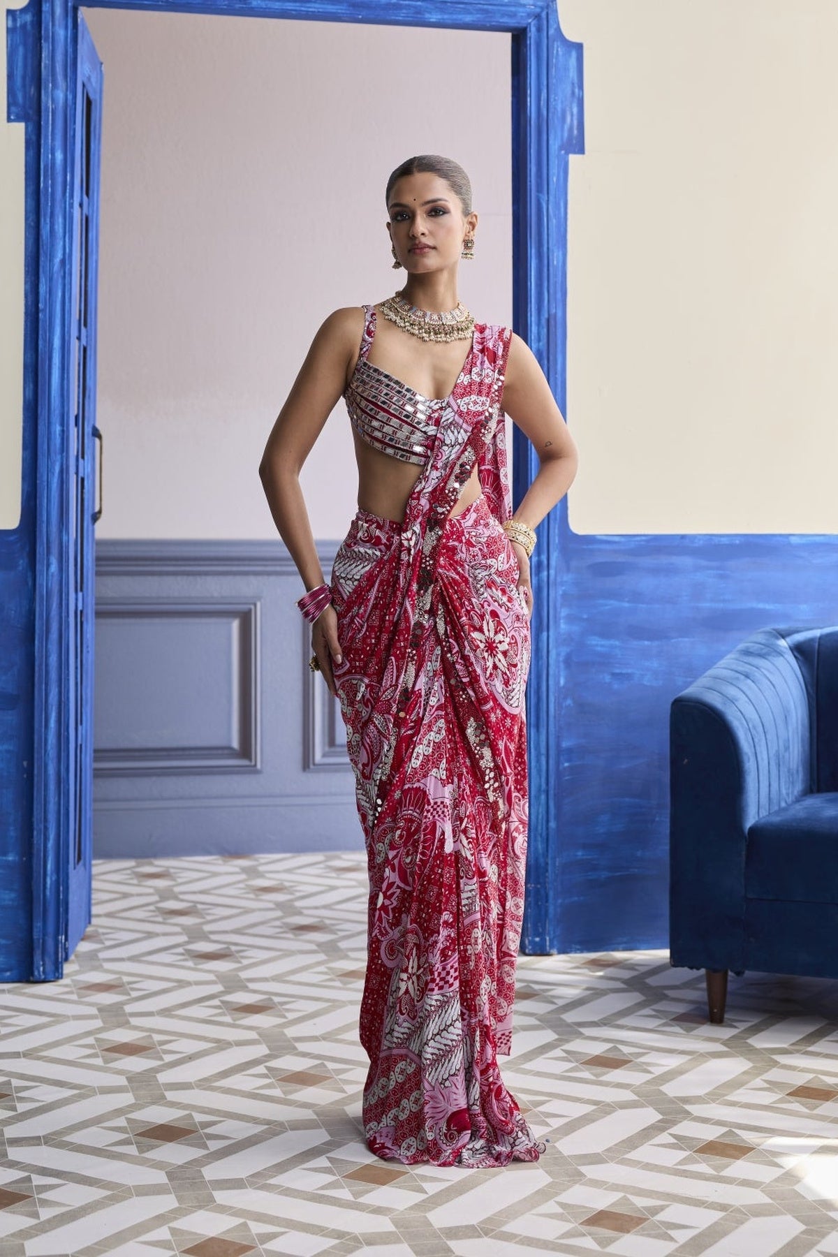 Red Mirror Work Blouse With Printed Dhoti Saree Set