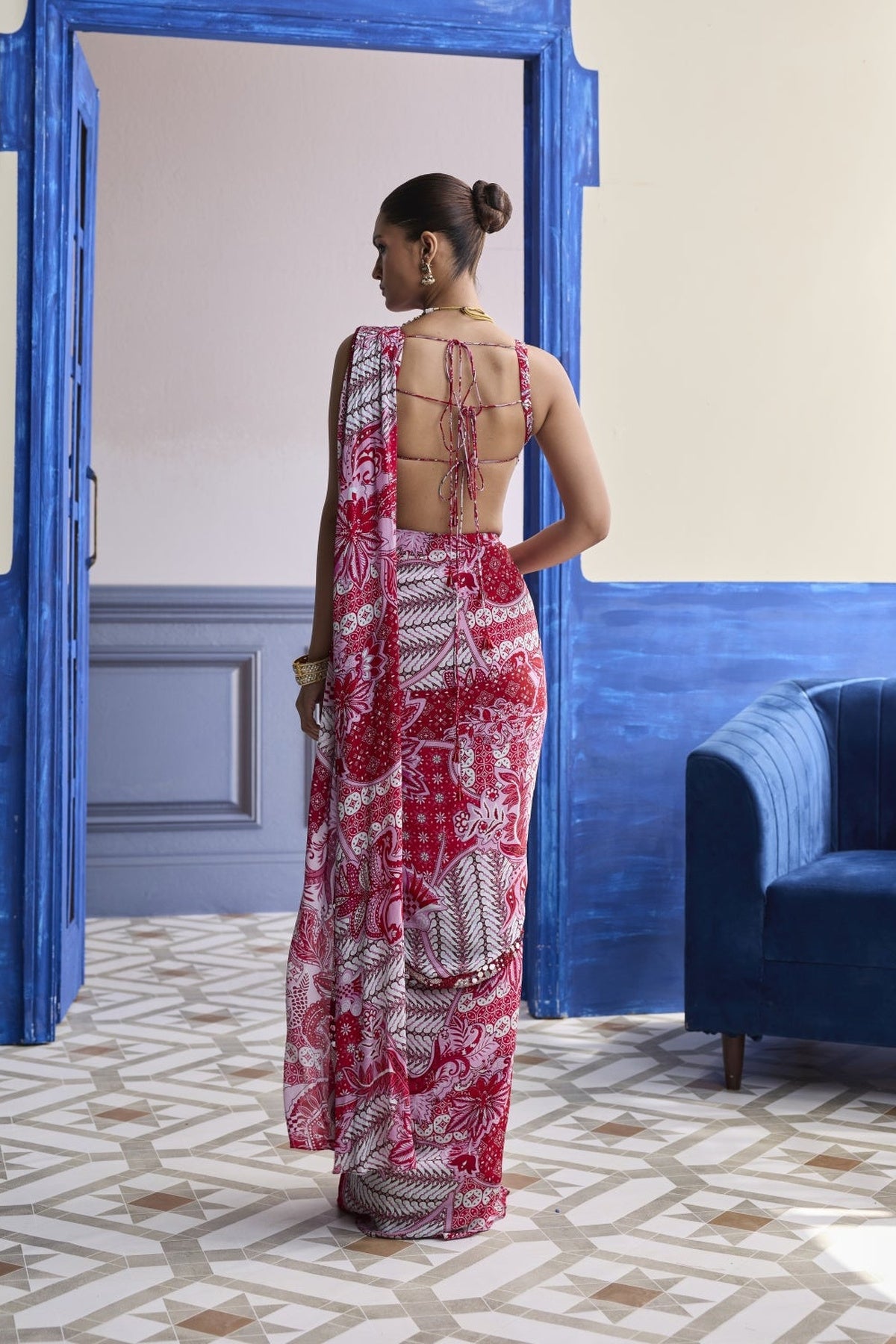 Red Mirror Work Blouse With Printed Dhoti Saree Set