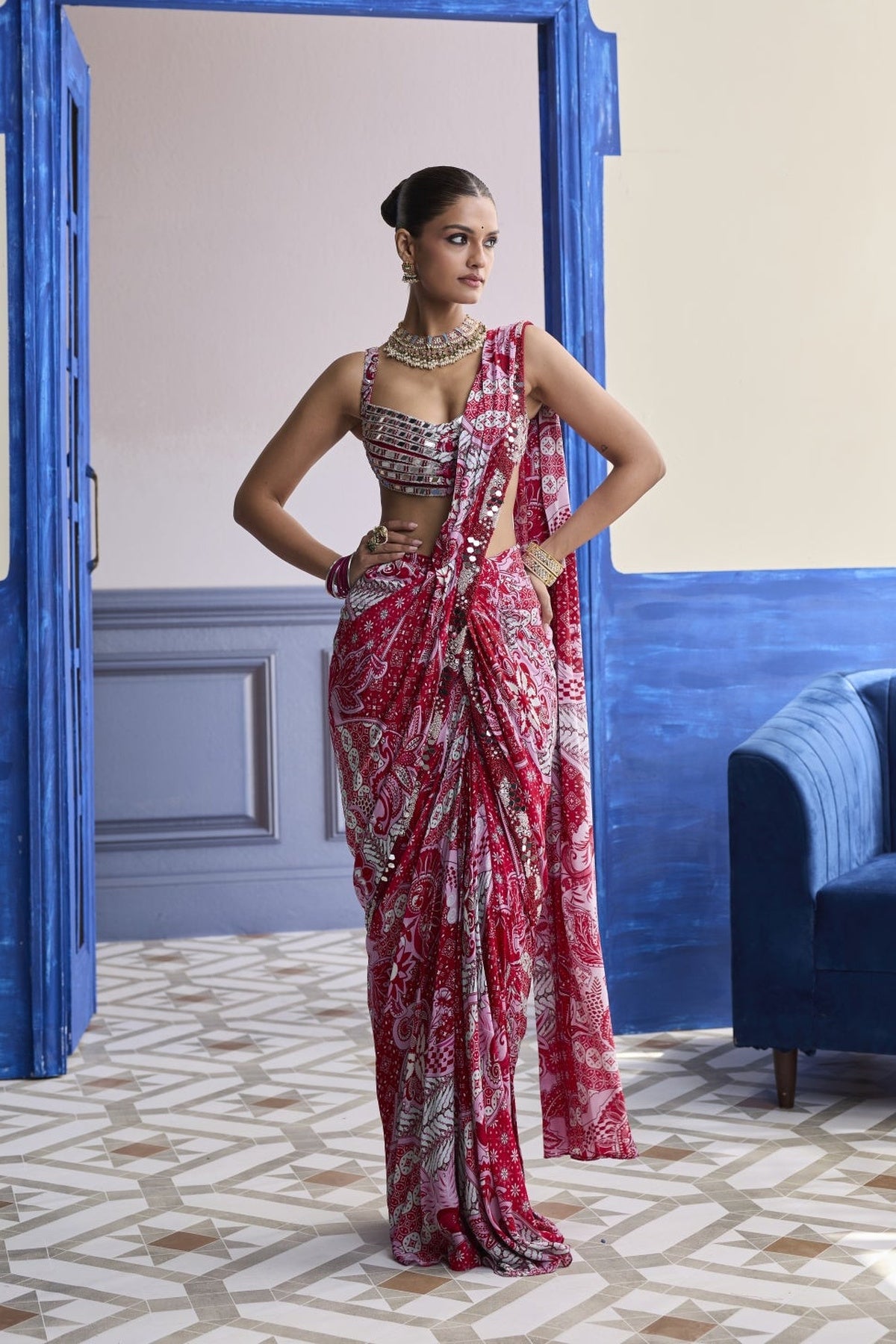Red Mirror Work Blouse With Printed Dhoti Saree Set