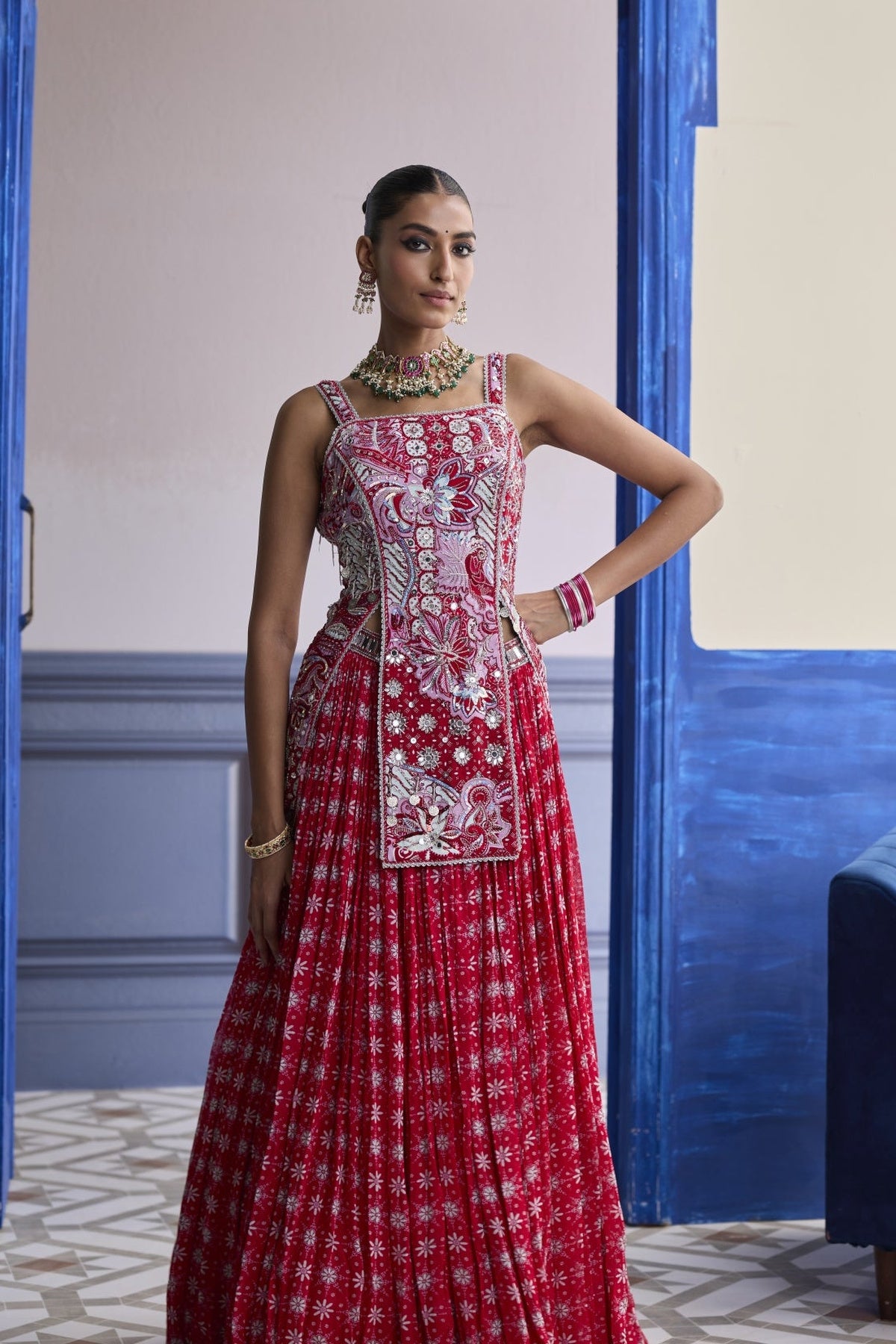 Red Floral Slit Kurti With Lehenga Set