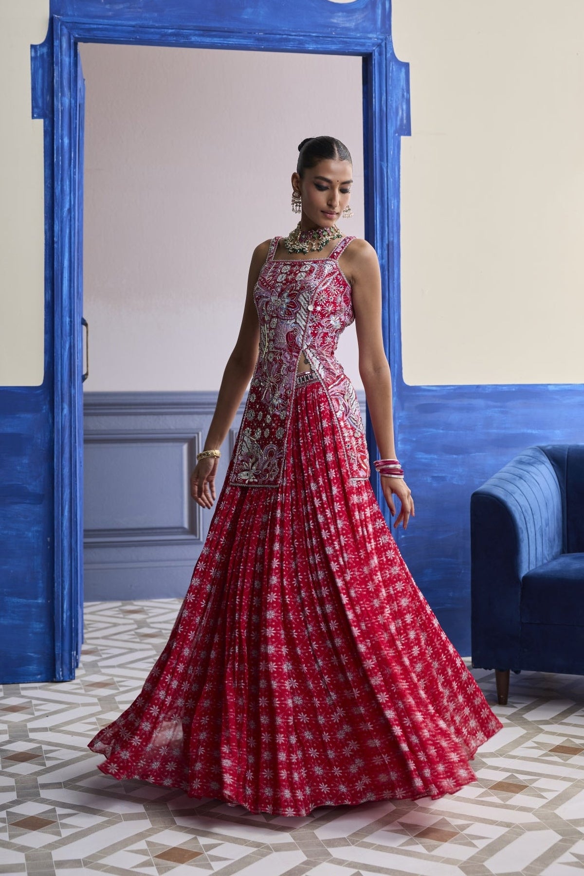 Red Floral Slit Kurti With Lehenga Set