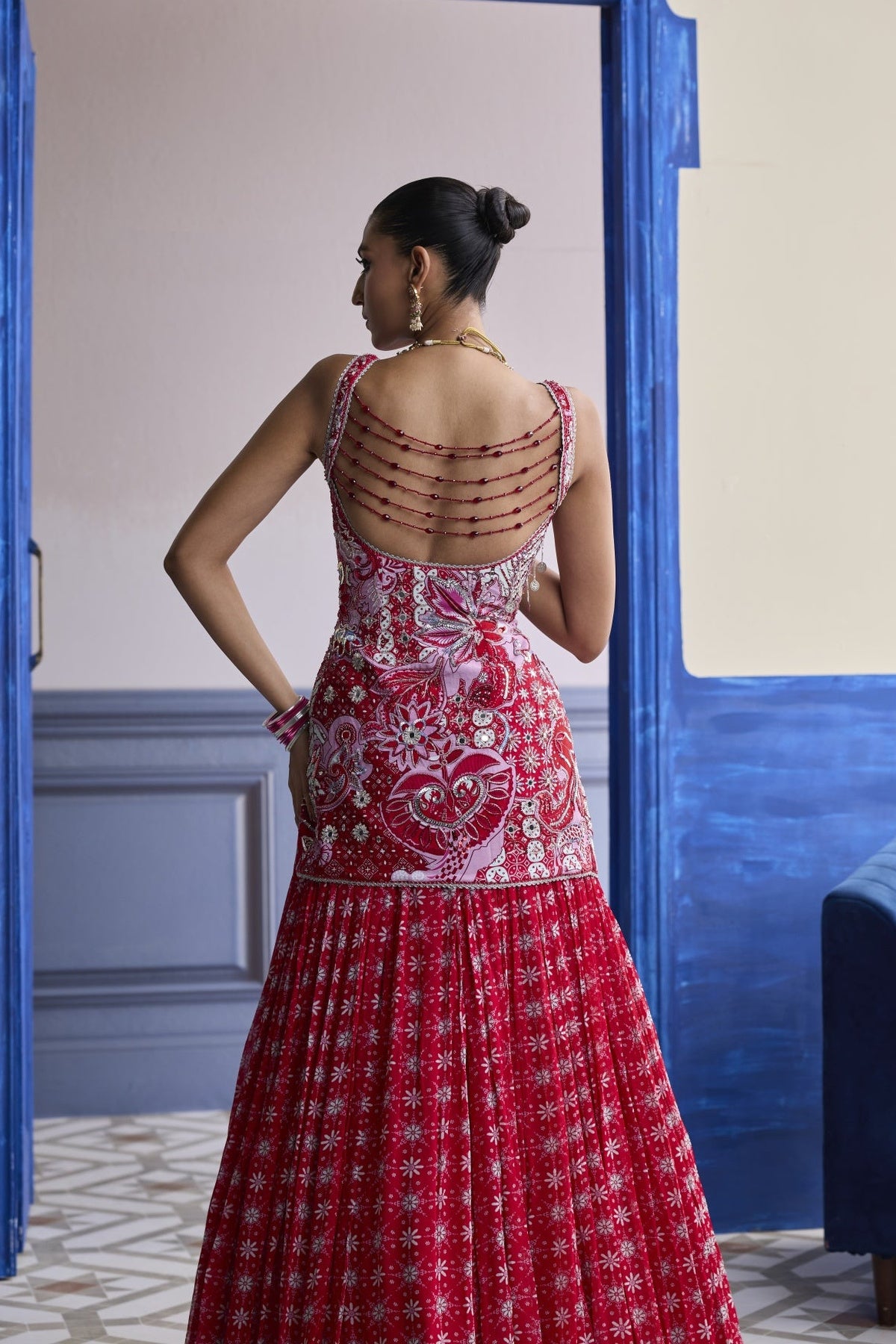 Red Floral Slit Kurti With Lehenga Set