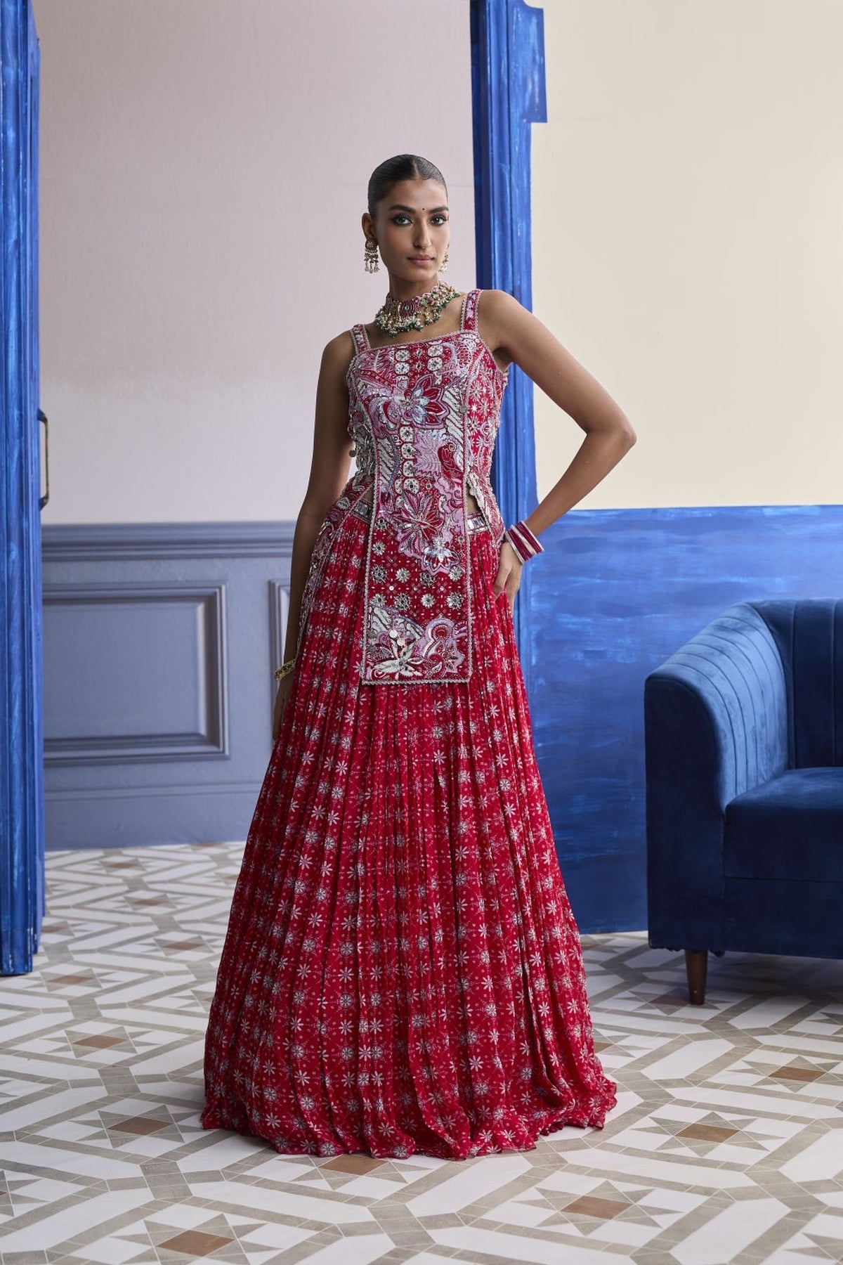 Red Floral Slit Kurti With Lehenga Set