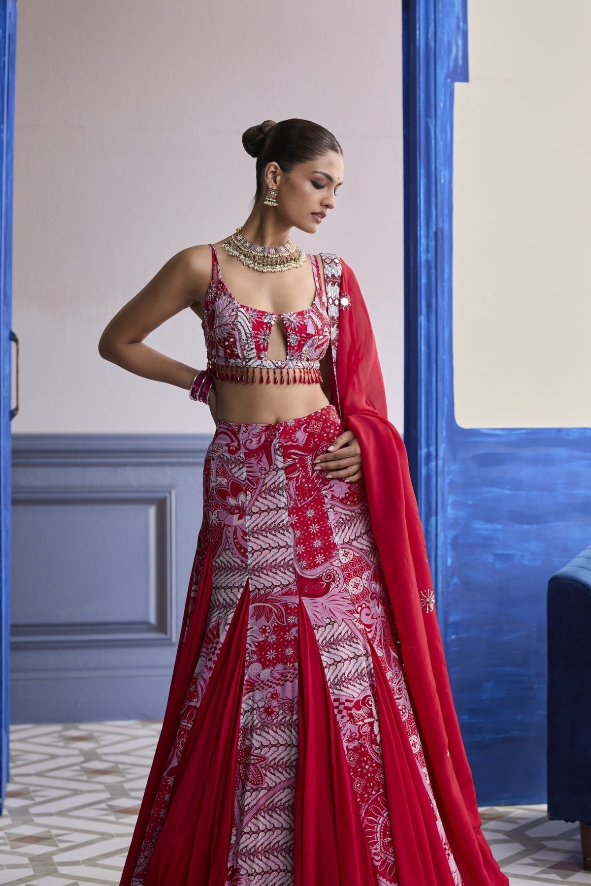 Red Floral Blouse With Godet Skirt & Embroidered Dupatta Set
