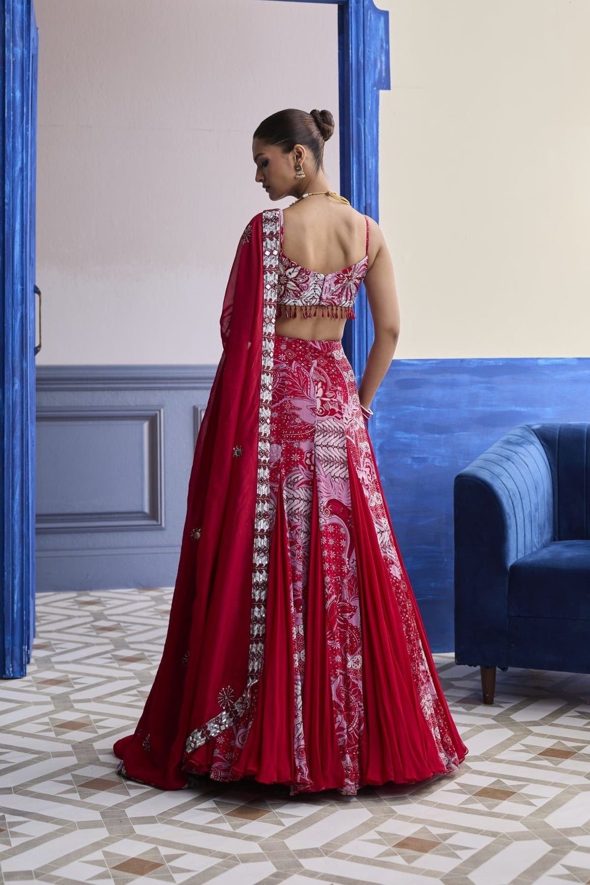Red Floral Blouse With Godet Skirt & Embroidered Dupatta Set