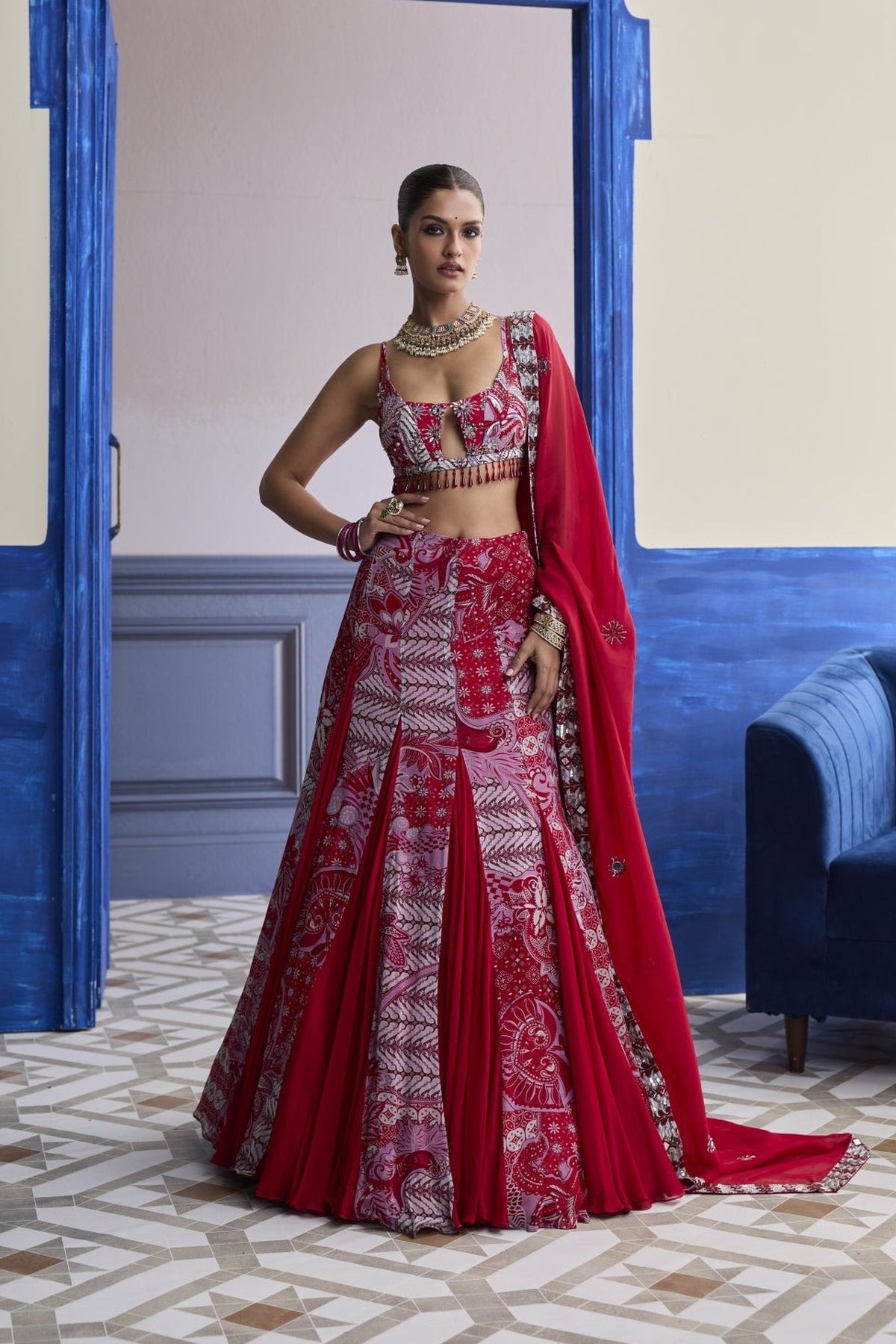 Red Floral Blouse With Godet Skirt & Embroidered Dupatta Set