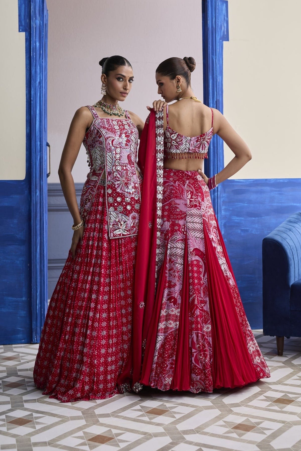 Red Floral Blouse With Godet Skirt & Embroidered Dupatta Set
