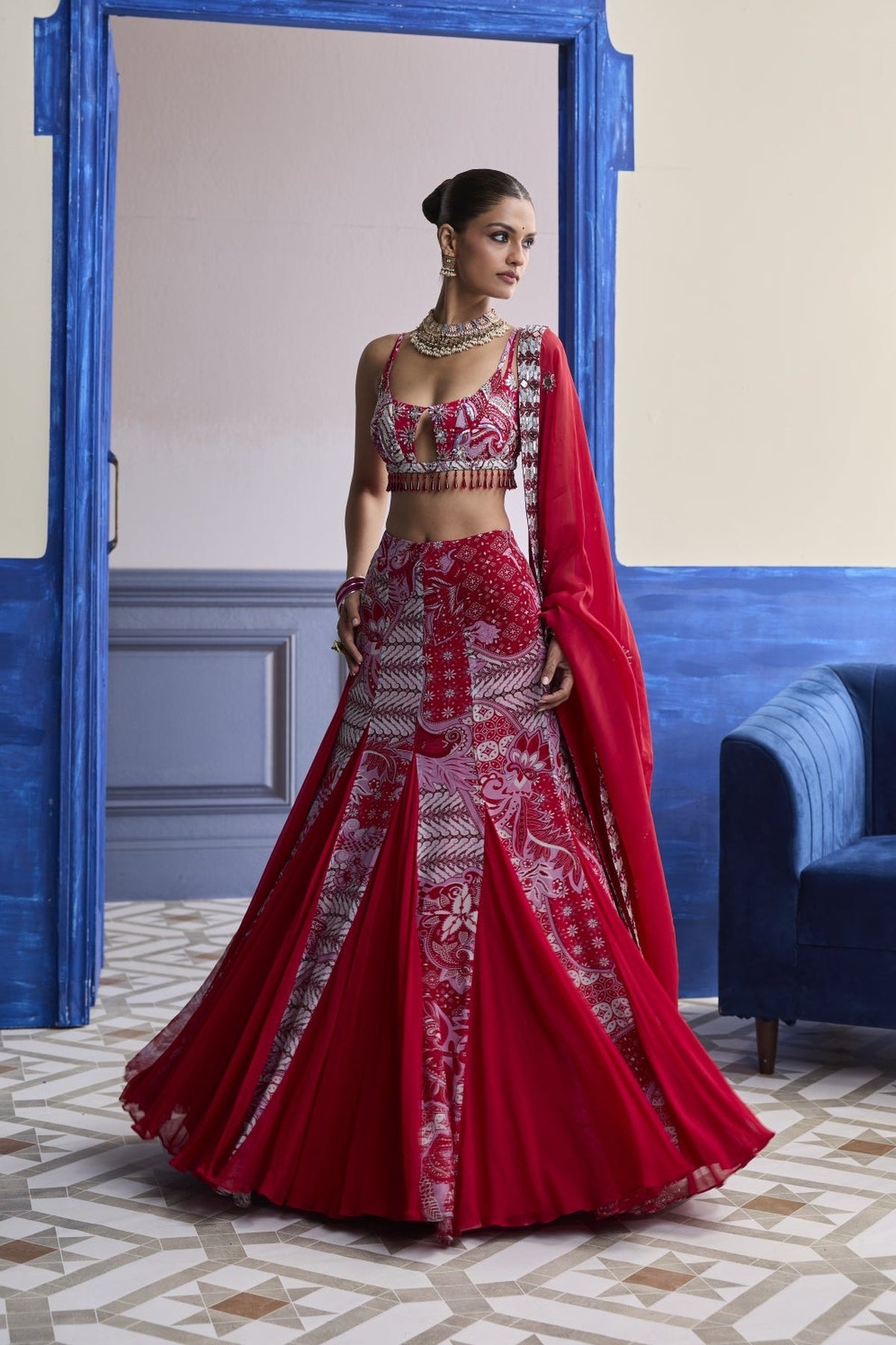 Red Floral Blouse With Godet Skirt & Embroidered Dupatta Set
