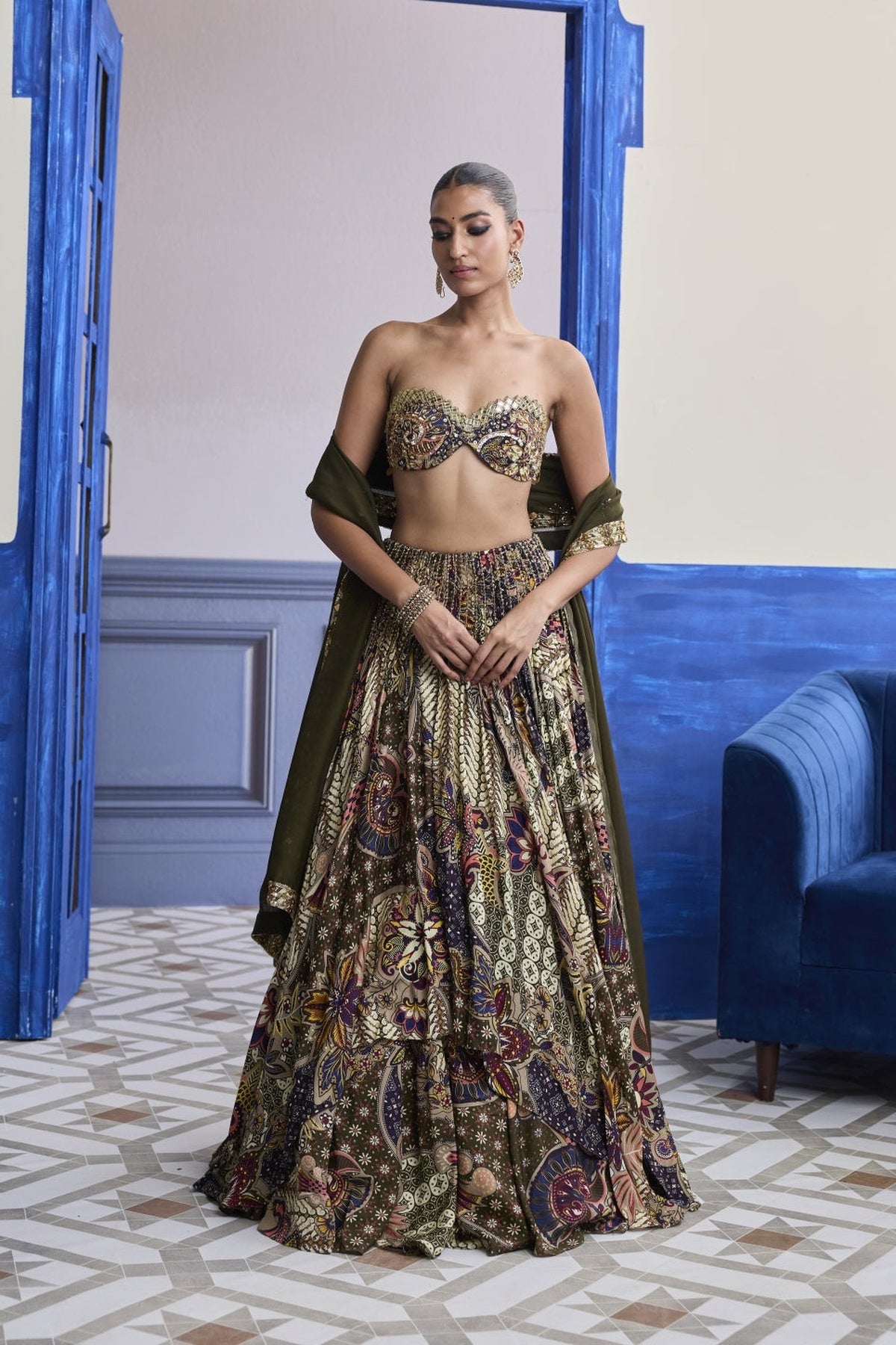 Olive Print Blouse With Highlighted Lehenga & Embroidered Dupatta Set