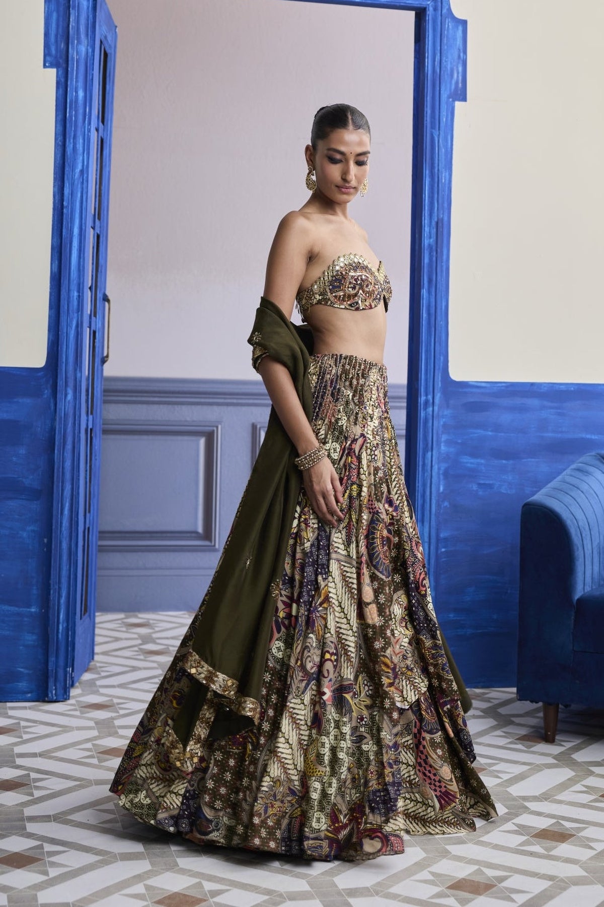 Olive Print Blouse With Highlighted Lehenga & Embroidered Dupatta Set
