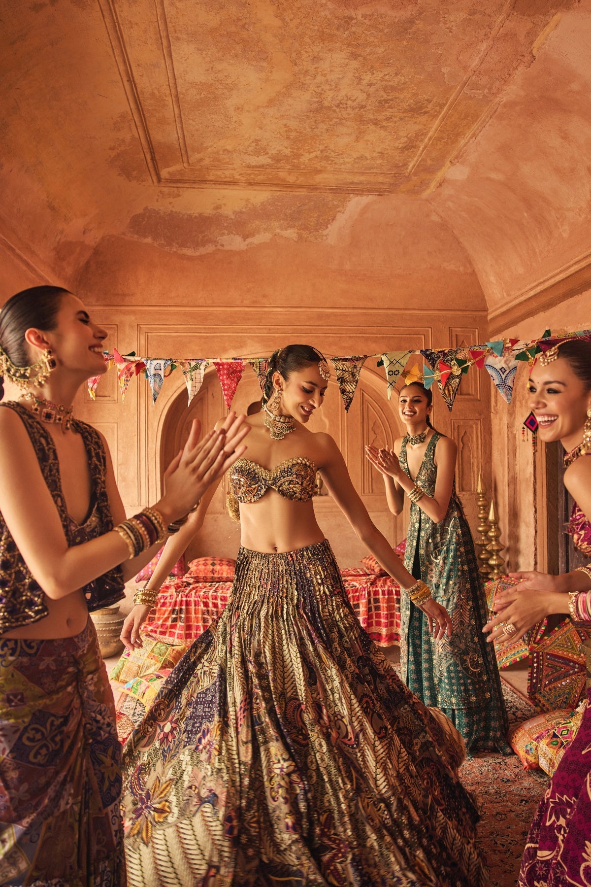Olive Print Blouse With Highlighted Lehenga & Embroidered Dupatta Set