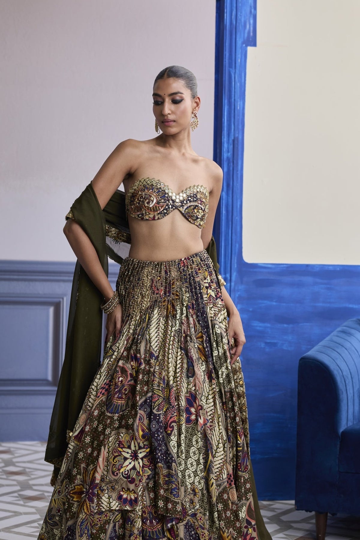 Olive Print Blouse With Highlighted Lehenga & Embroidered Dupatta Set