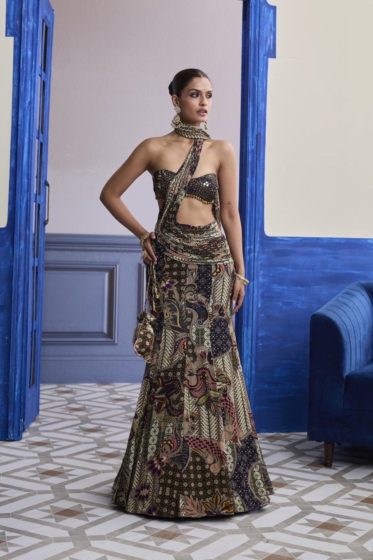 Purple Embroidered Blouse With Olive Floral Fish Cut Saree Set