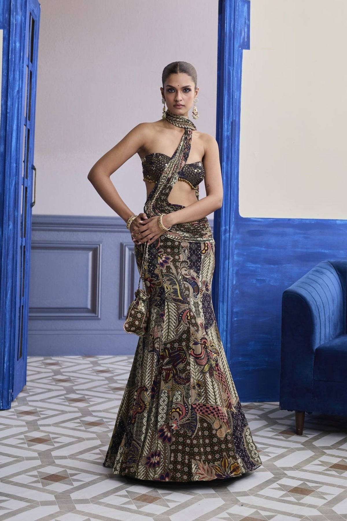Purple Embroidered Blouse With Olive Floral Fish Cut Saree Set
