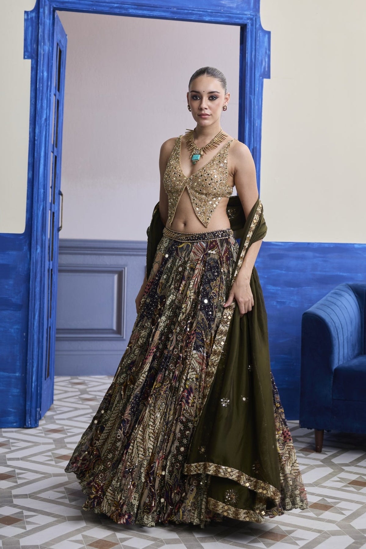 Gold Embroidered Blouse With Highlighted Lehenga & Embroidered Dupatta Set