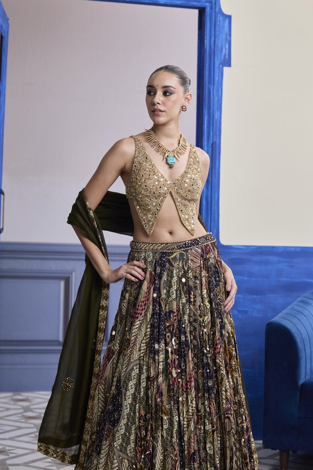 Gold Embroidered Blouse With Highlighted Lehenga & Embroidered Dupatta Set