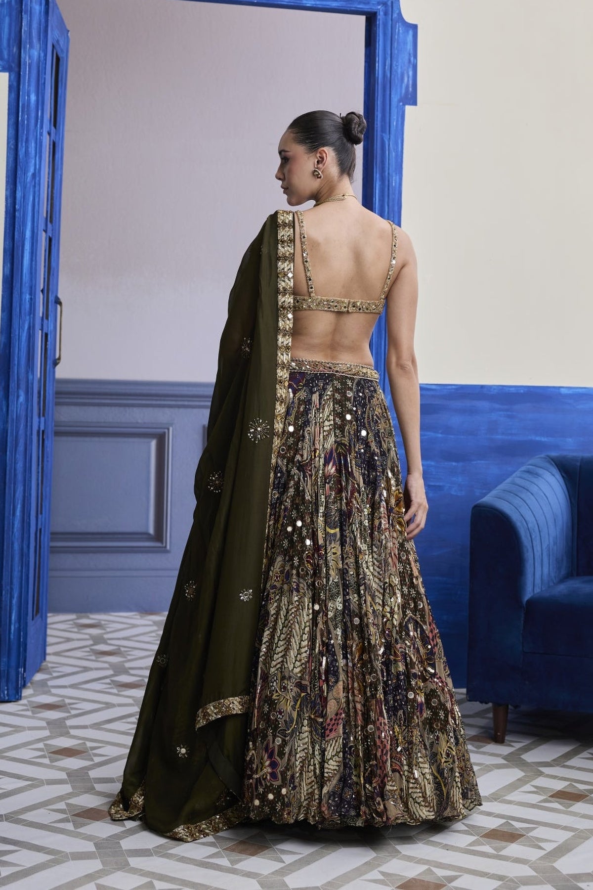 Gold Embroidered Blouse With Highlighted Lehenga & Embroidered Dupatta Set