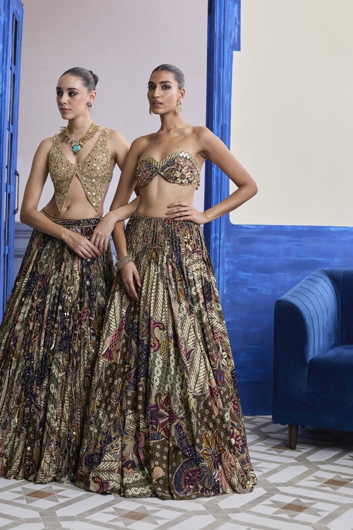 Gold Embroidered Blouse With Highlighted Lehenga & Embroidered Dupatta Set