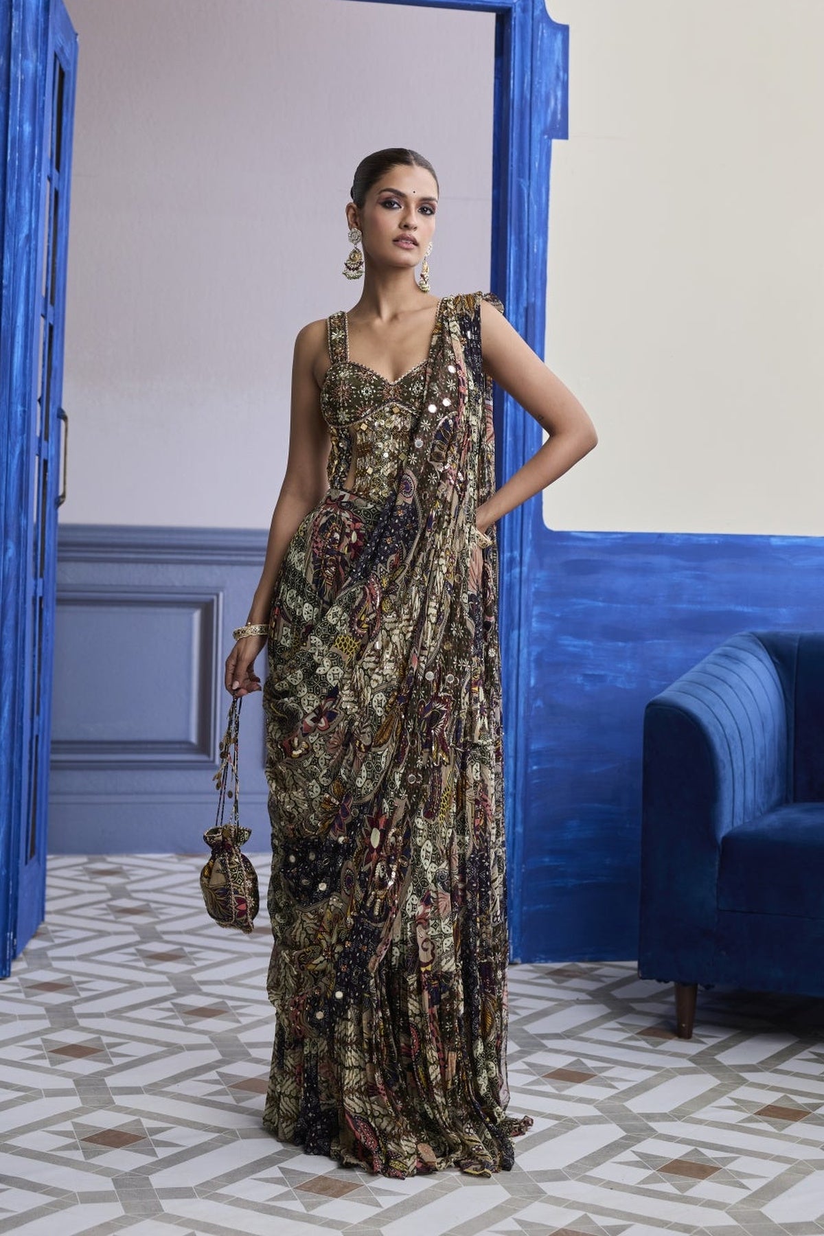 Olive Print Corset With Drape Tiered Skirt Saree Set