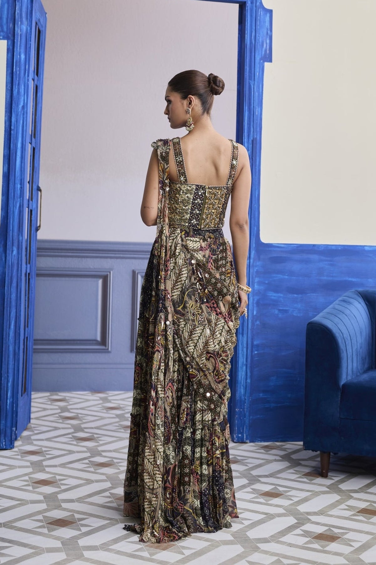 Olive Print Corset With Drape Tiered Skirt Saree Set