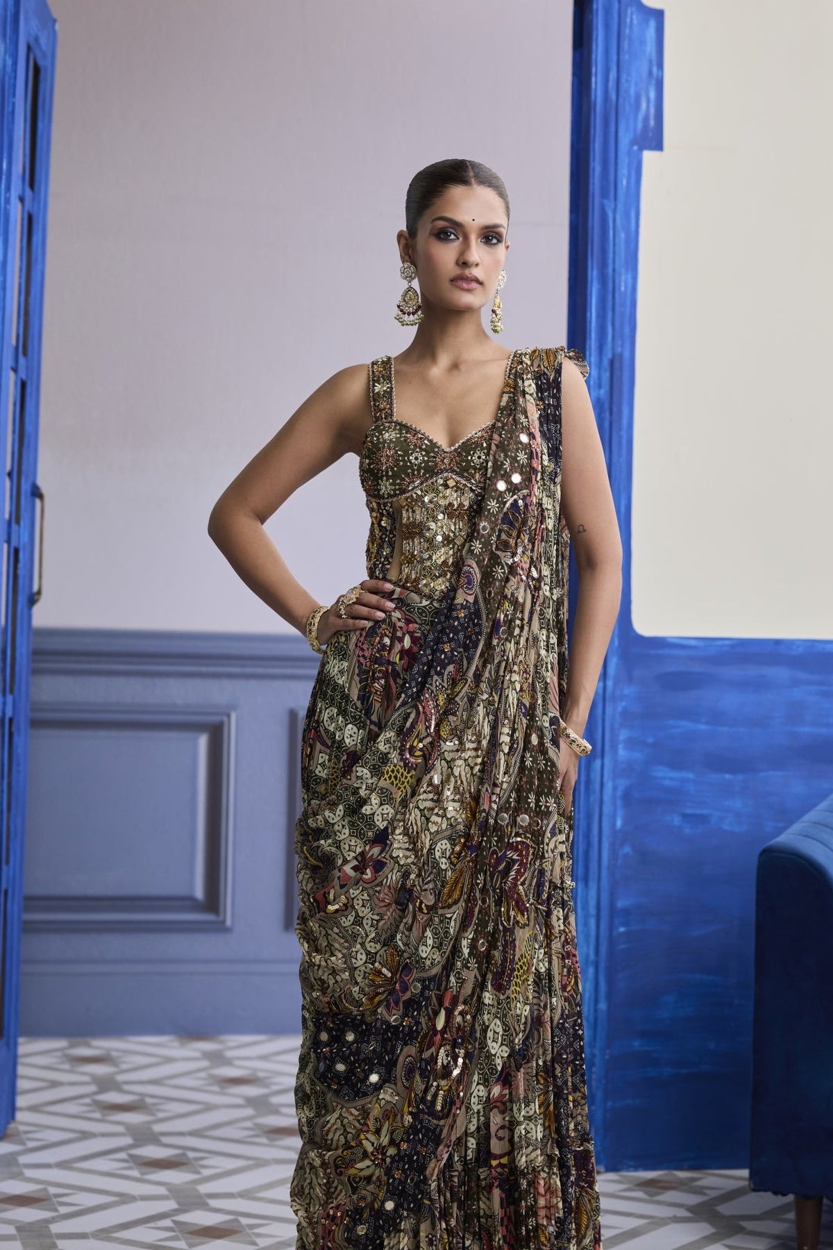 Olive Print Corset With Drape Tiered Skirt Saree Set