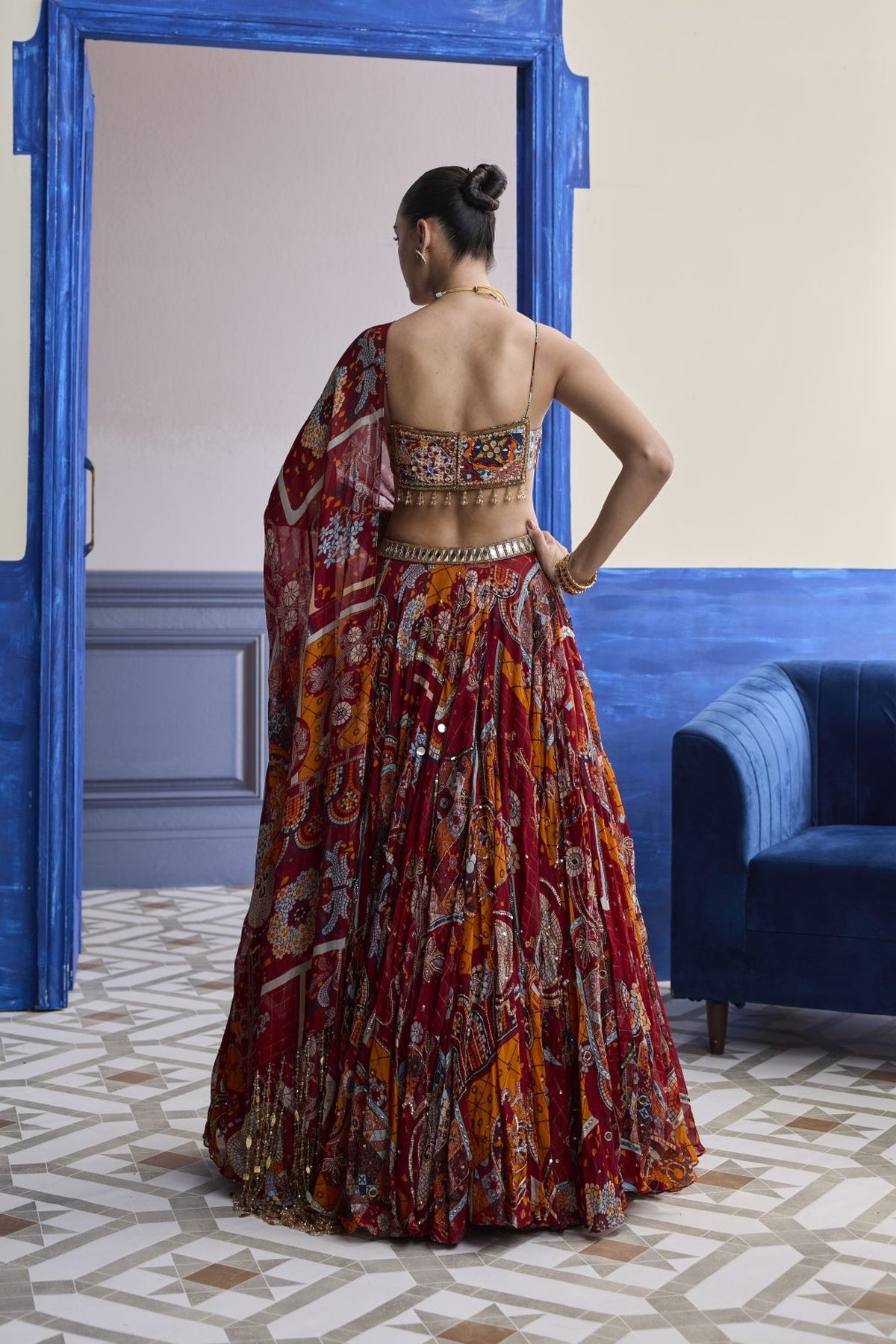 Rust Mosaic Square Neck Blouse With Lehenga & Tassel Dupatta Set