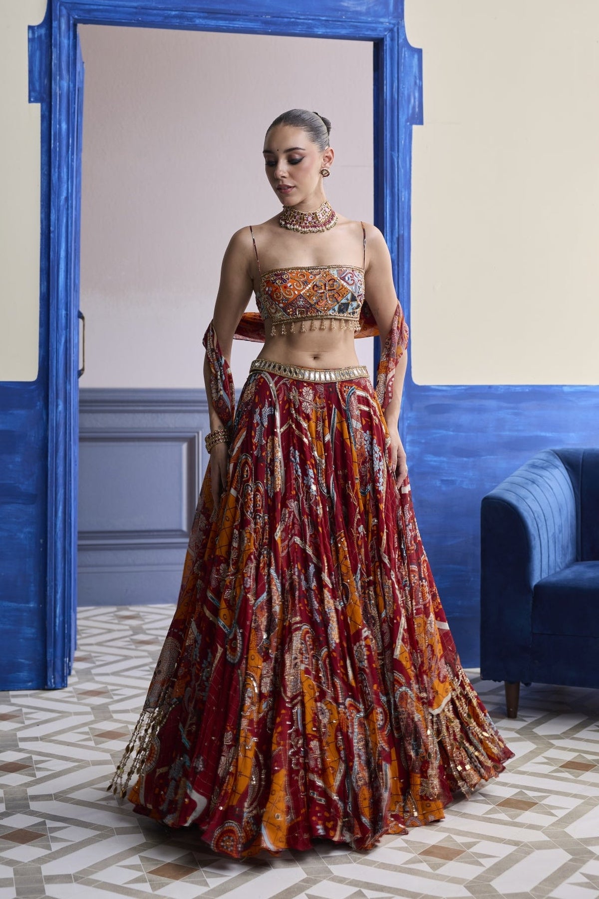 Rust Mosaic Square Neck Blouse With Lehenga & Tassel Dupatta Set