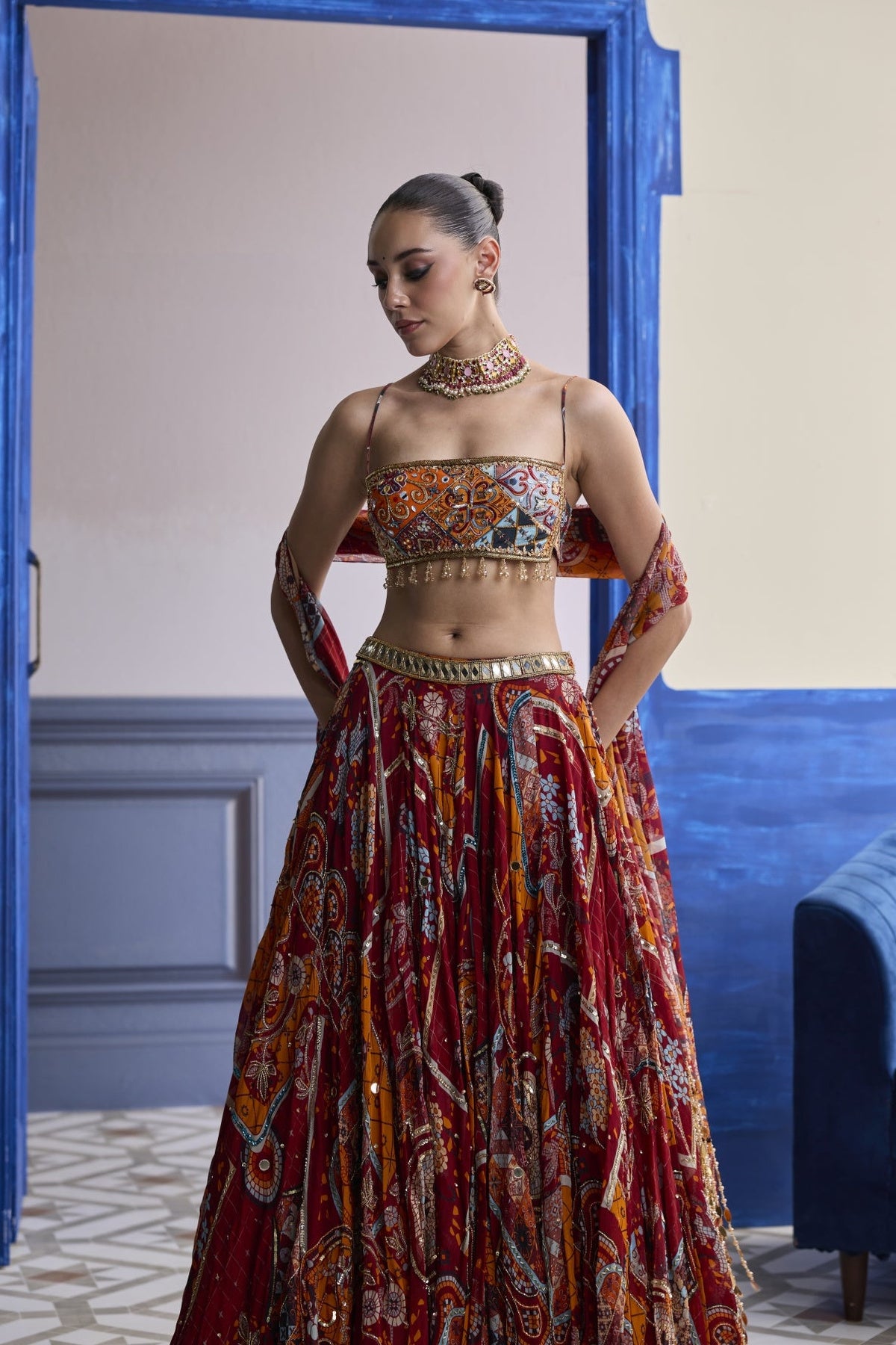 Rust Mosaic Square Neck Blouse With Lehenga & Tassel Dupatta Set