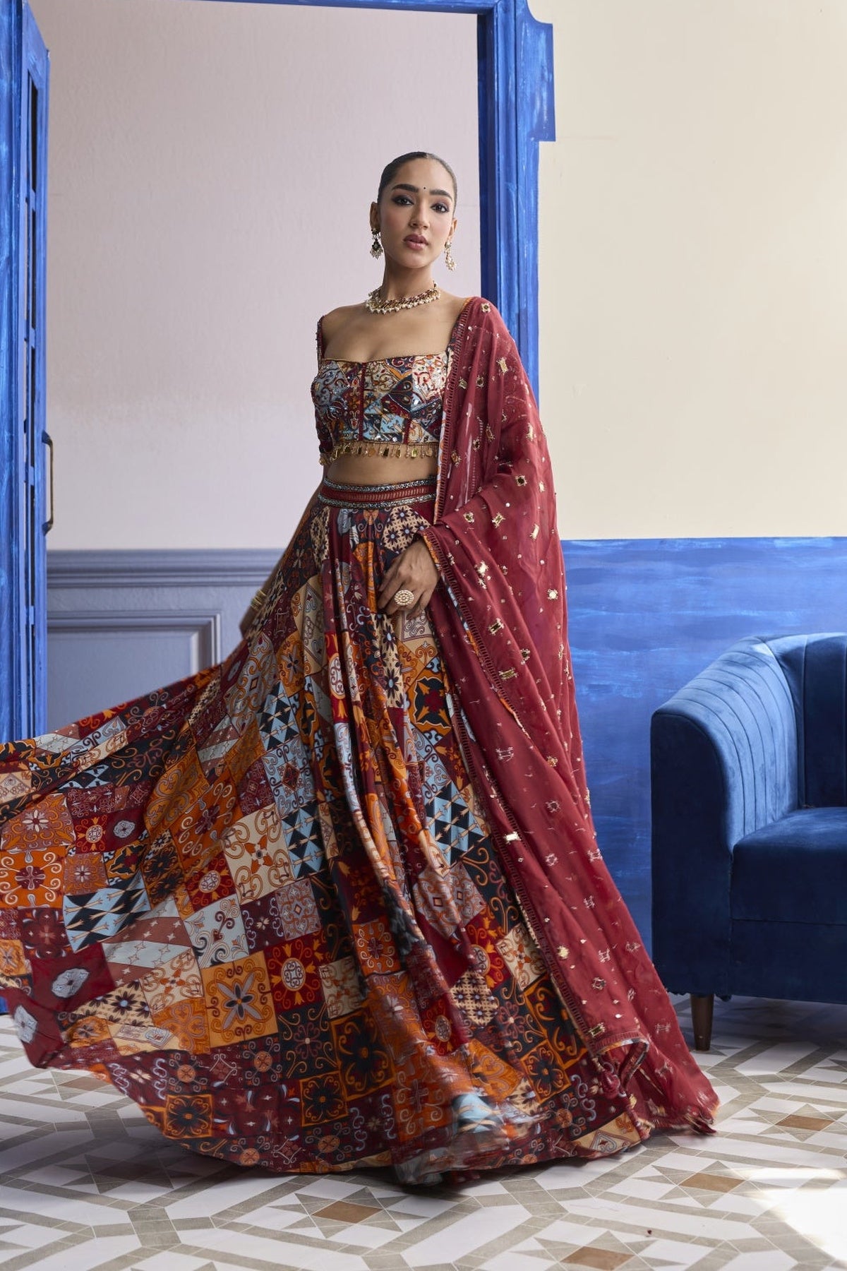 Rust Highlighted Blouse With Lehenga & Embroidered Dupatta Set