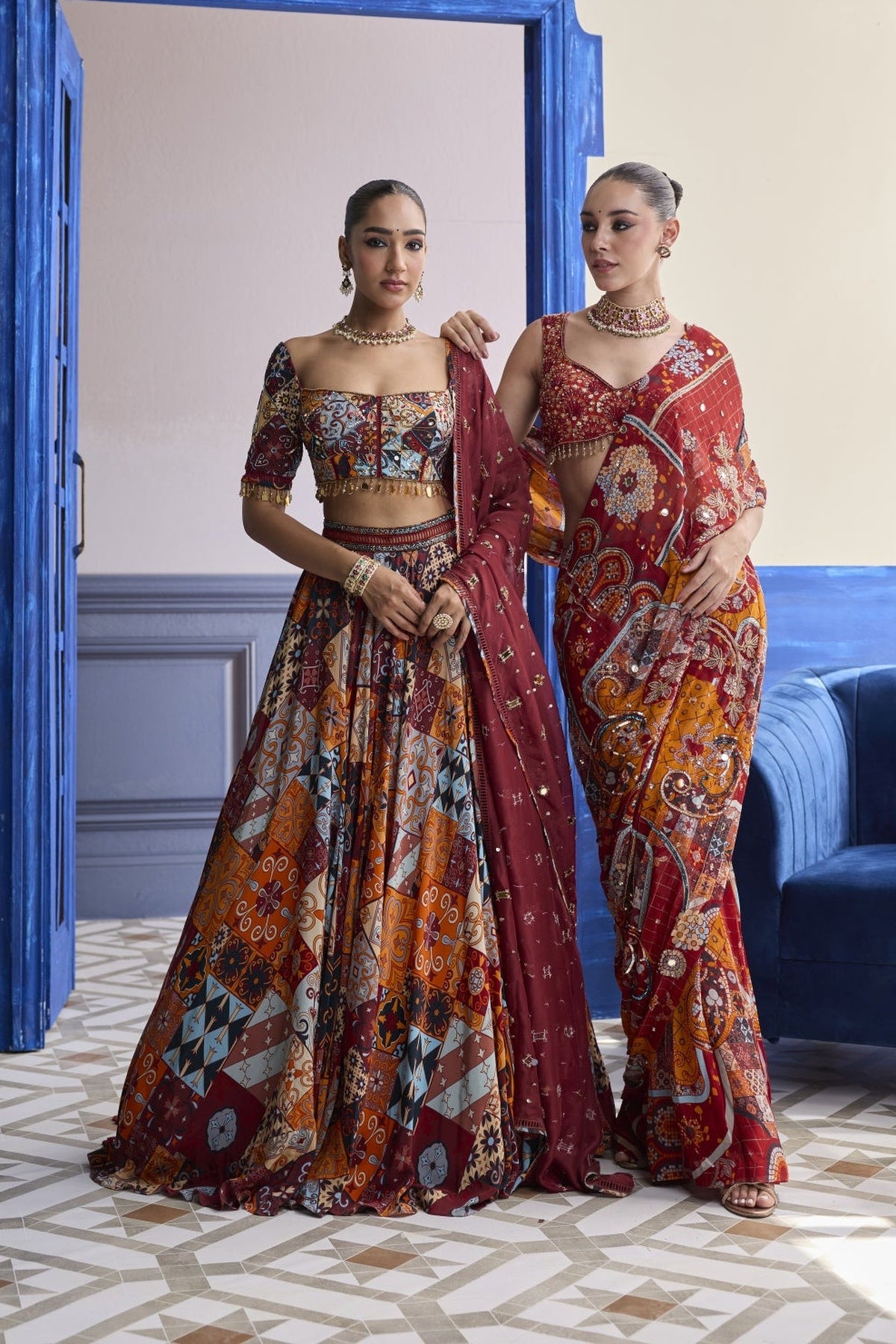 Rust Highlighted Blouse With Lehenga & Embroidered Dupatta Set