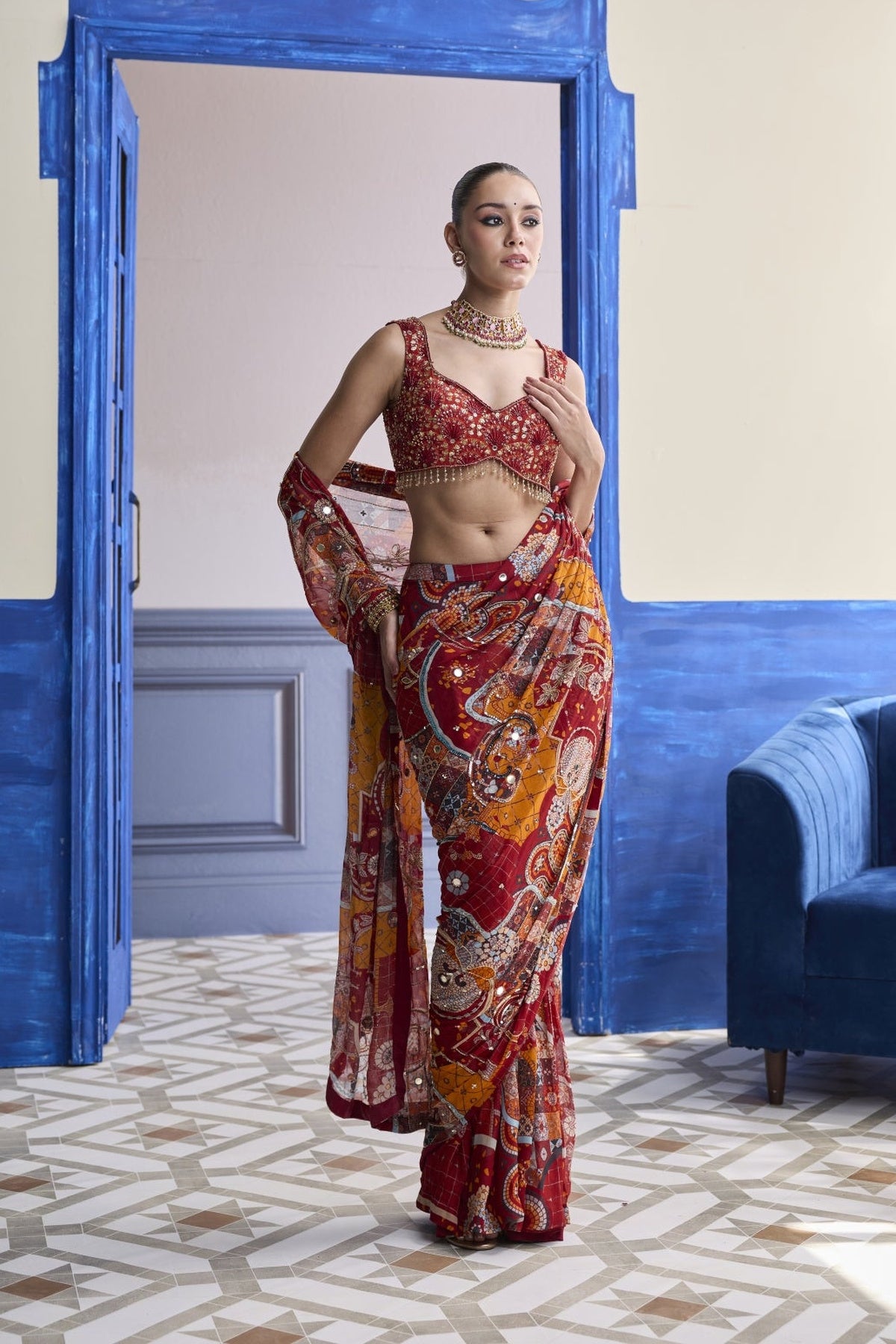 Rust Mosaic Highlighted Blouse With Classic Skirt Saree Set