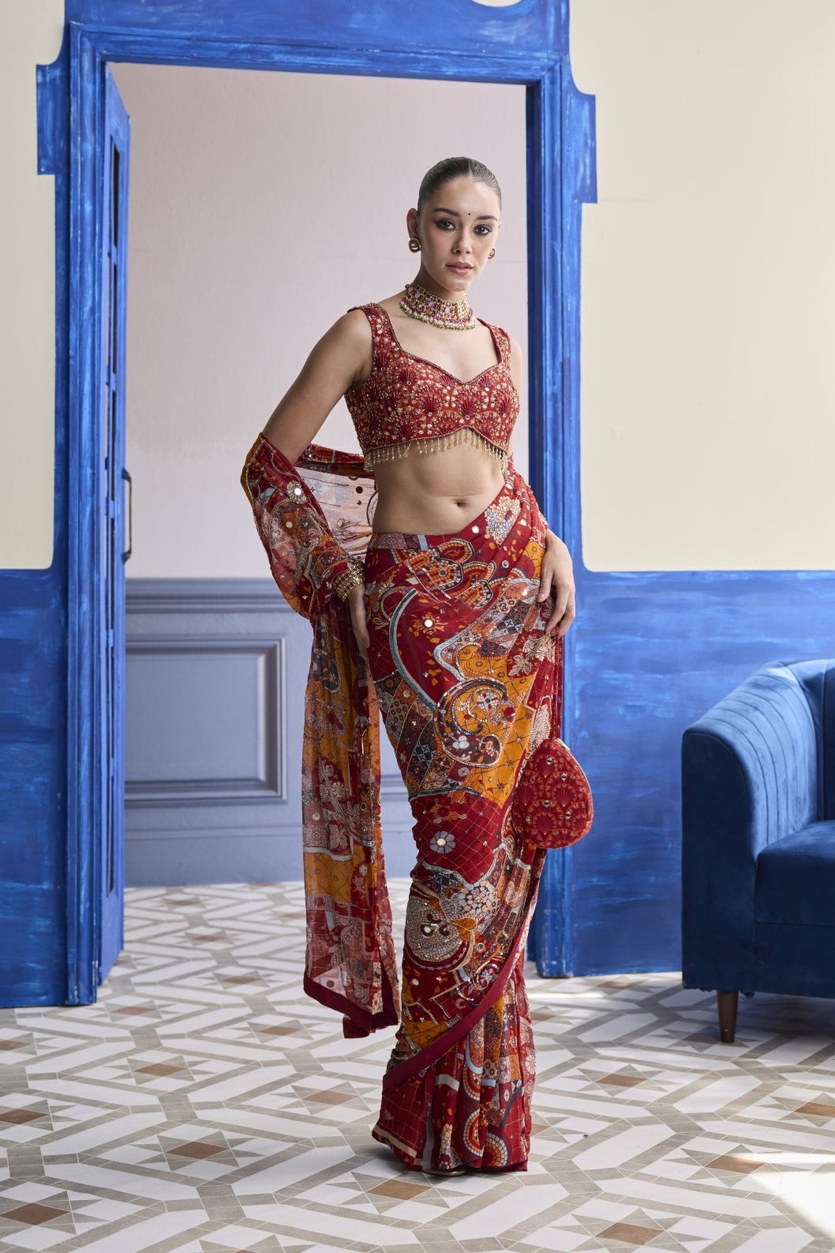 Rust Mosaic Highlighted Blouse With Classic Skirt Saree Set