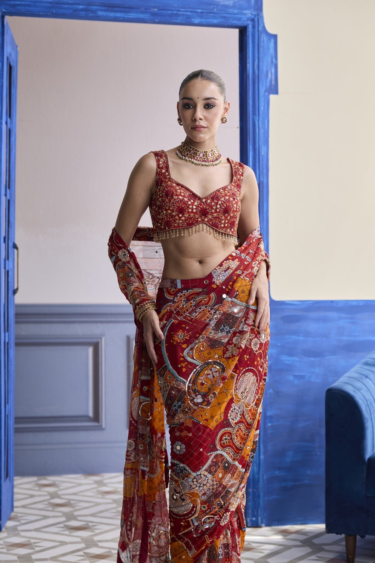 Rust Mosaic Highlighted Blouse With Classic Skirt Saree Set